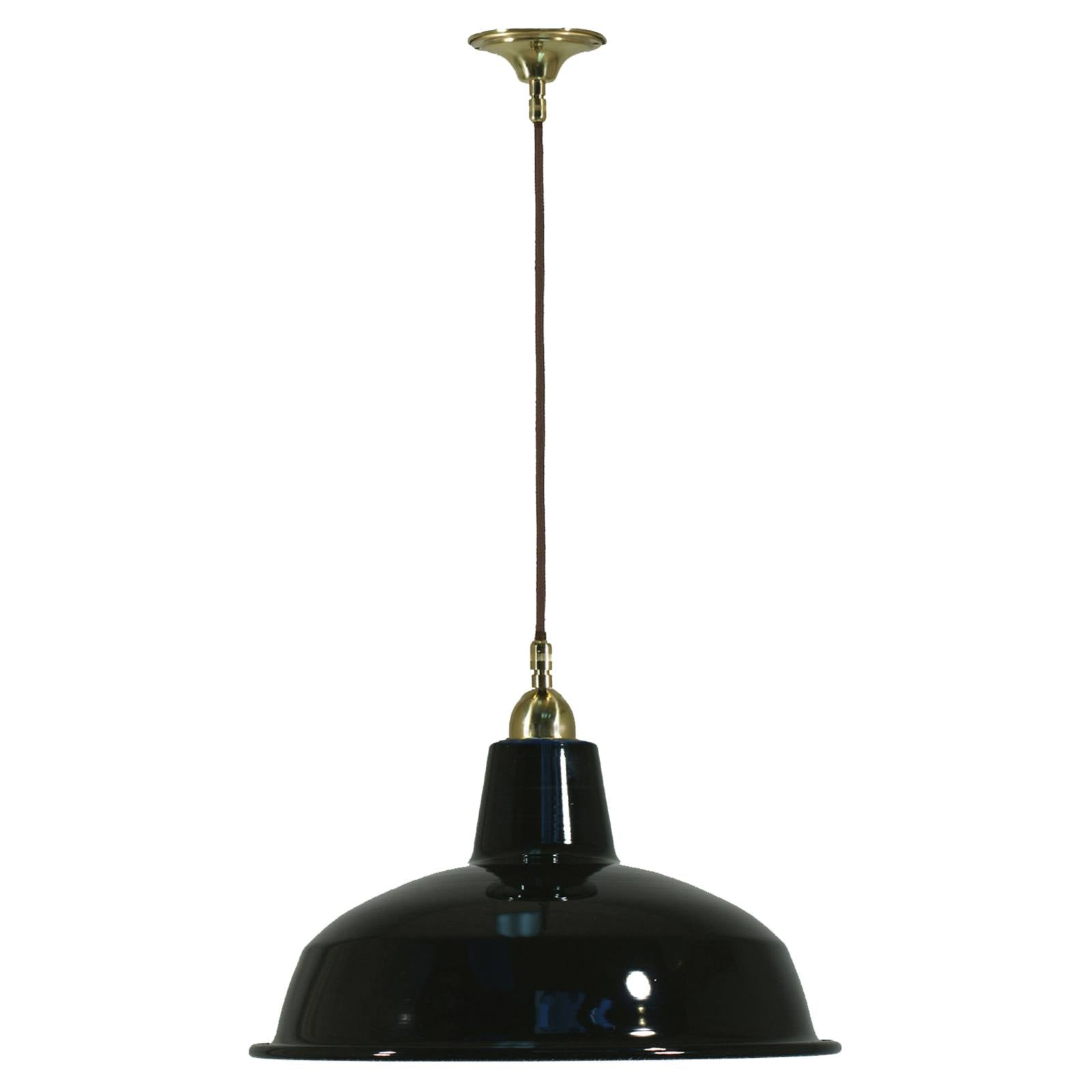 Warehouse 420mm Black Metal Shade on Cloth Cord Suspension, Polished Brass