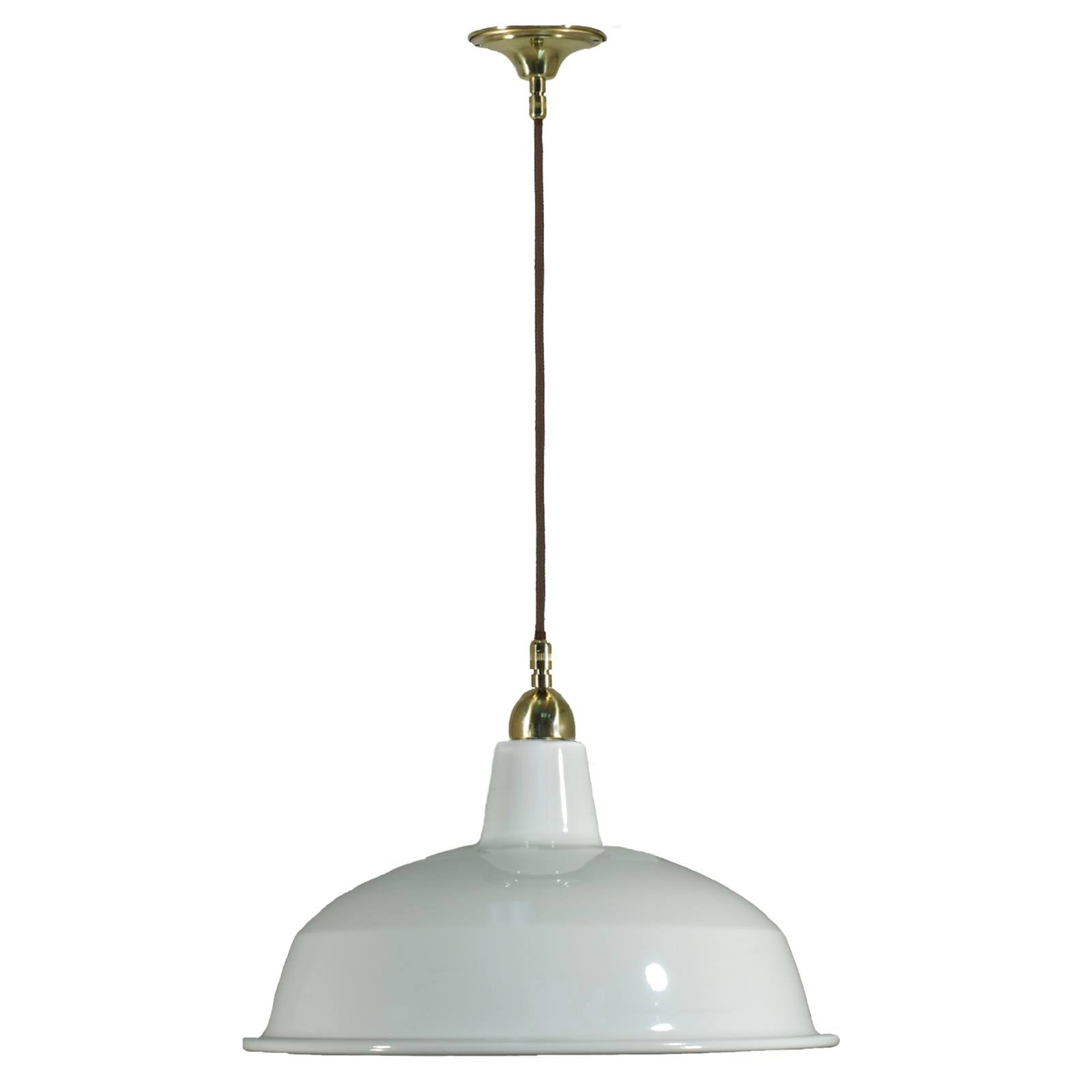 Warehouse 420mm White Metal Shade on Cloth Cord Suspension, Polished Brass