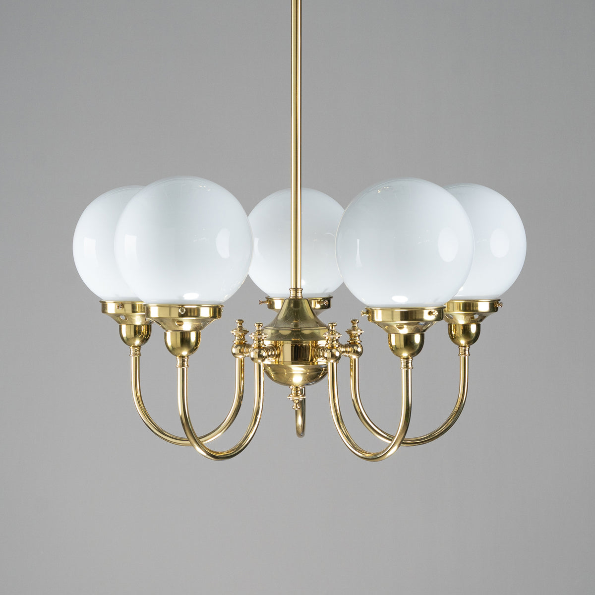 Luke 5 Light Pendant Polished Brass with 6'' Opal Gloss Spheres