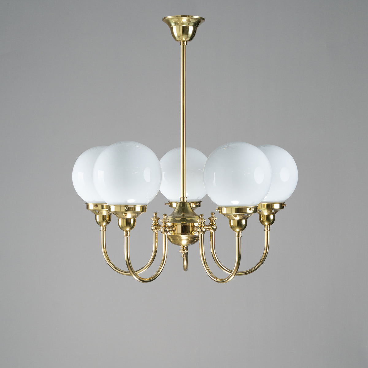 Luke 5 Light Pendant Polished Brass with 6'' Opal Gloss Spheres