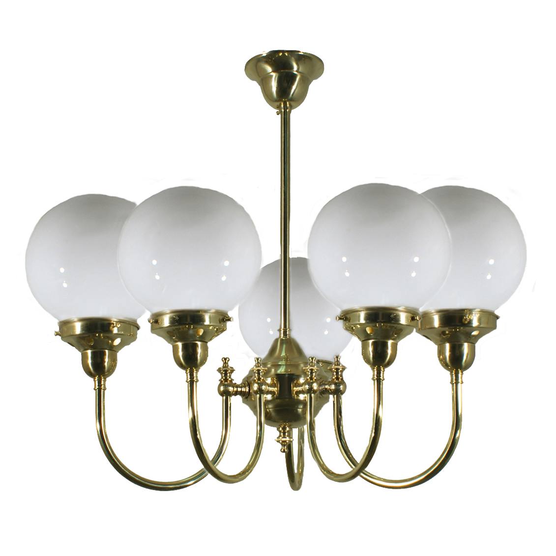 Luke 5 Light Pendant Polished Brass with 6'' Opal Gloss Spheres