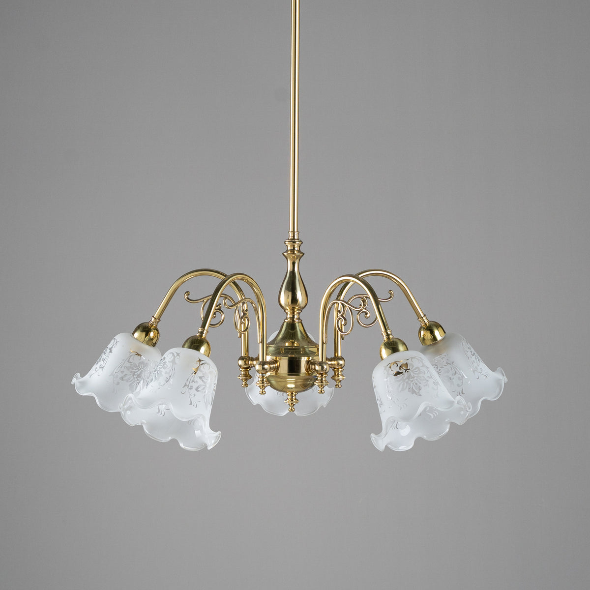Victoriana 5 Light Pendant Polished Brass with 5008 29mm Frost Etched Shades