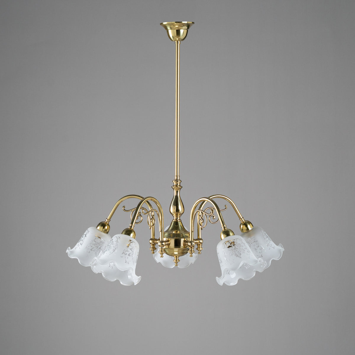 Victoriana 5 Light Pendant Polished Brass with 5008 29mm Frost Etched Shades