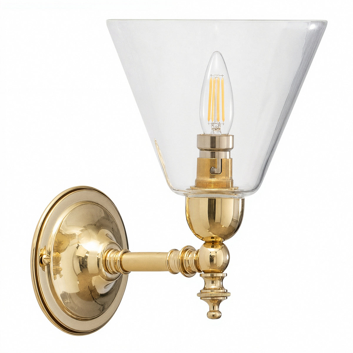 Waubra Wall Light with Cono Clear Shade, Polished Brass