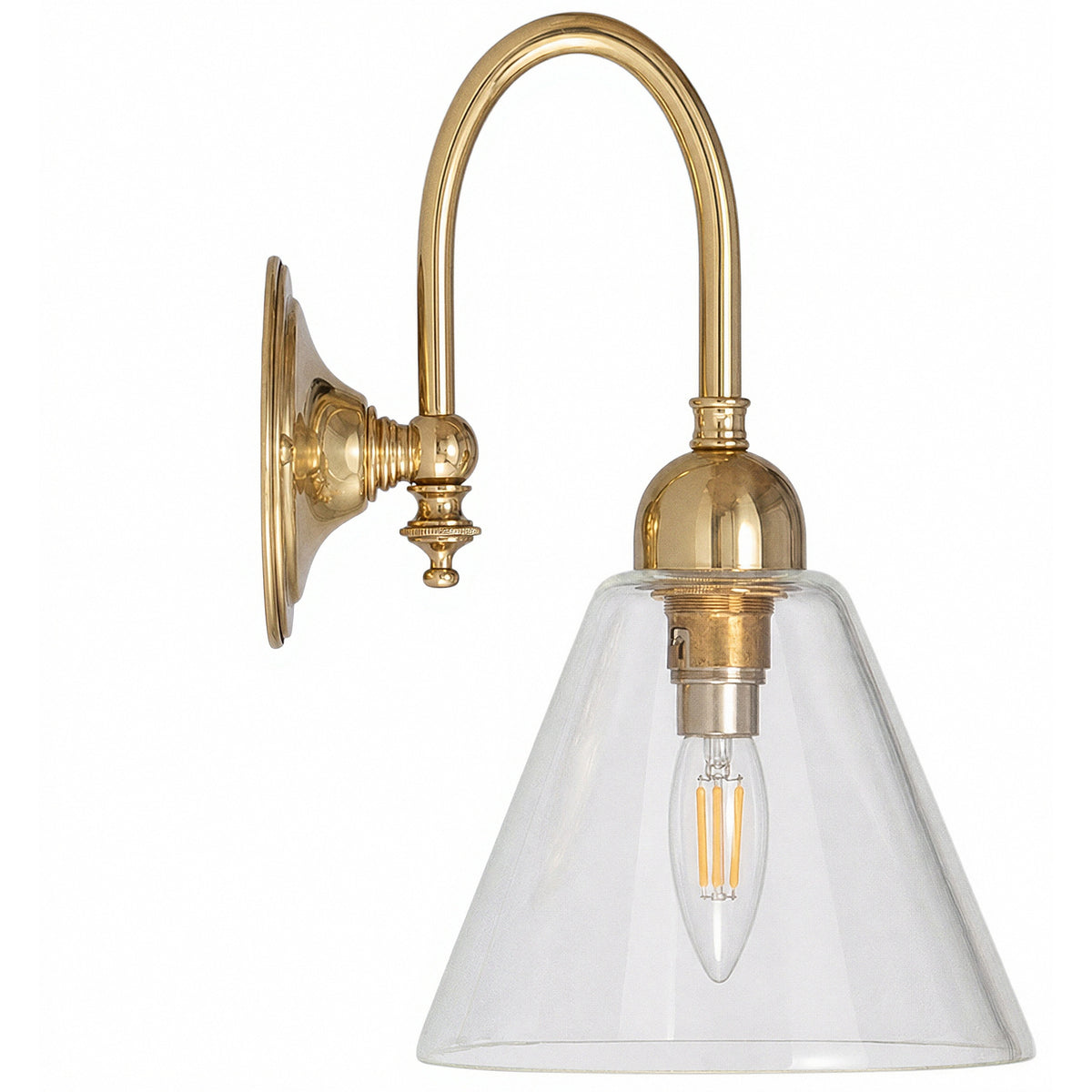 Loxton Wall Light with Cono Clear Shade, Polished Brass