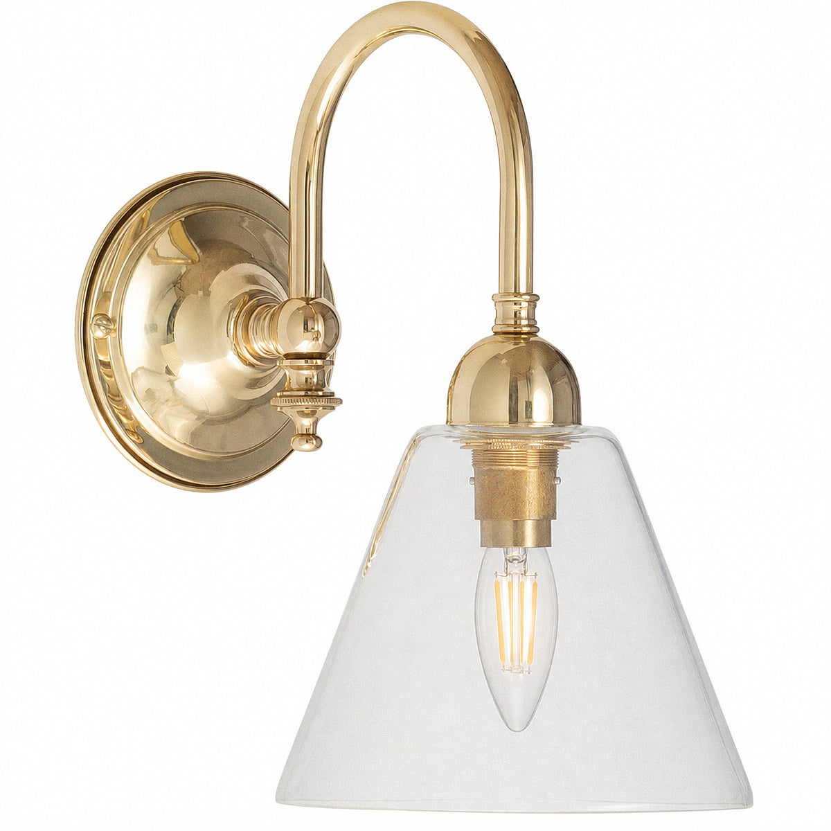 Loxton Wall Light with Cono Clear Shade, Polished Brass