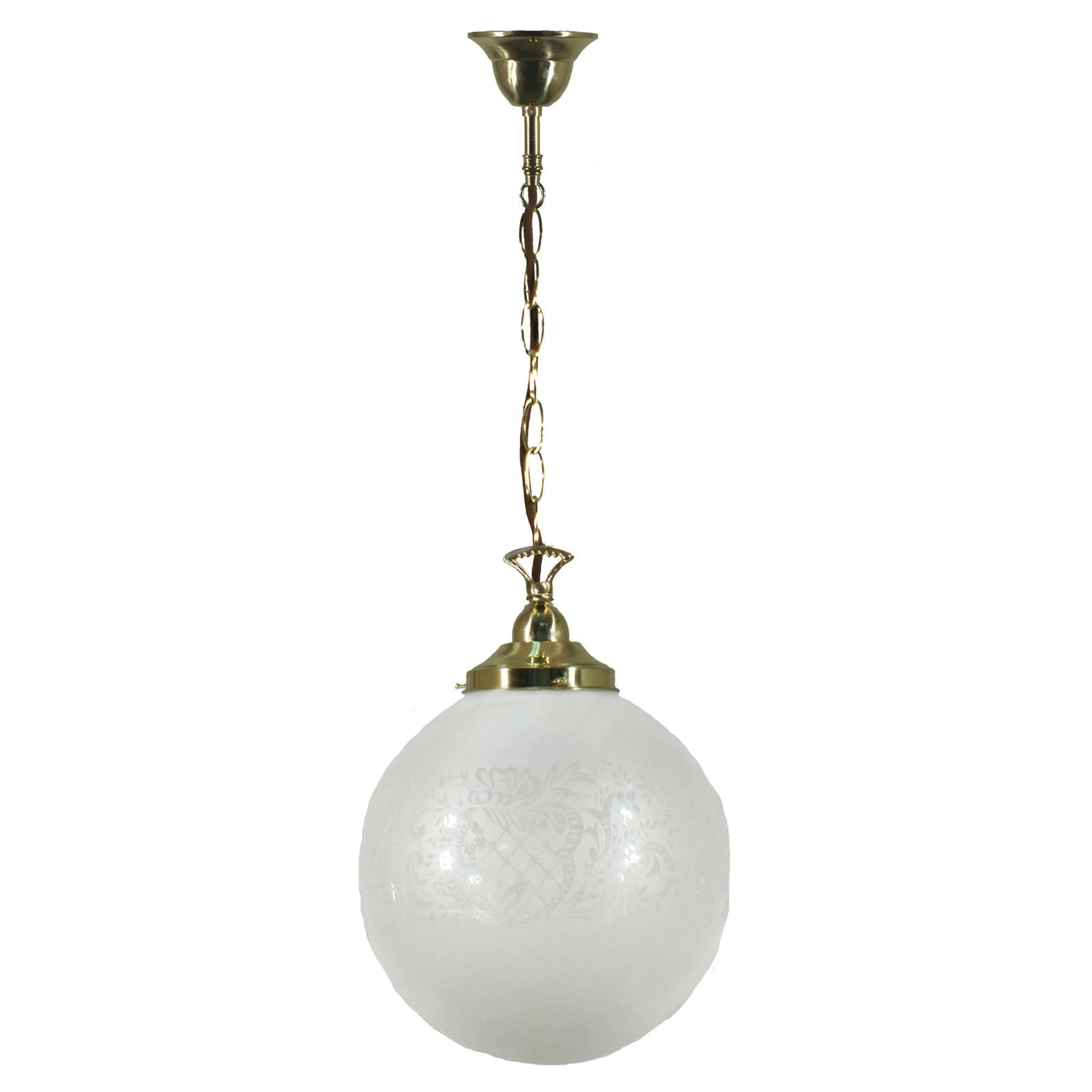 Sheffield 10" Frost Etch Shade on Chain Suspension, Polished Brass