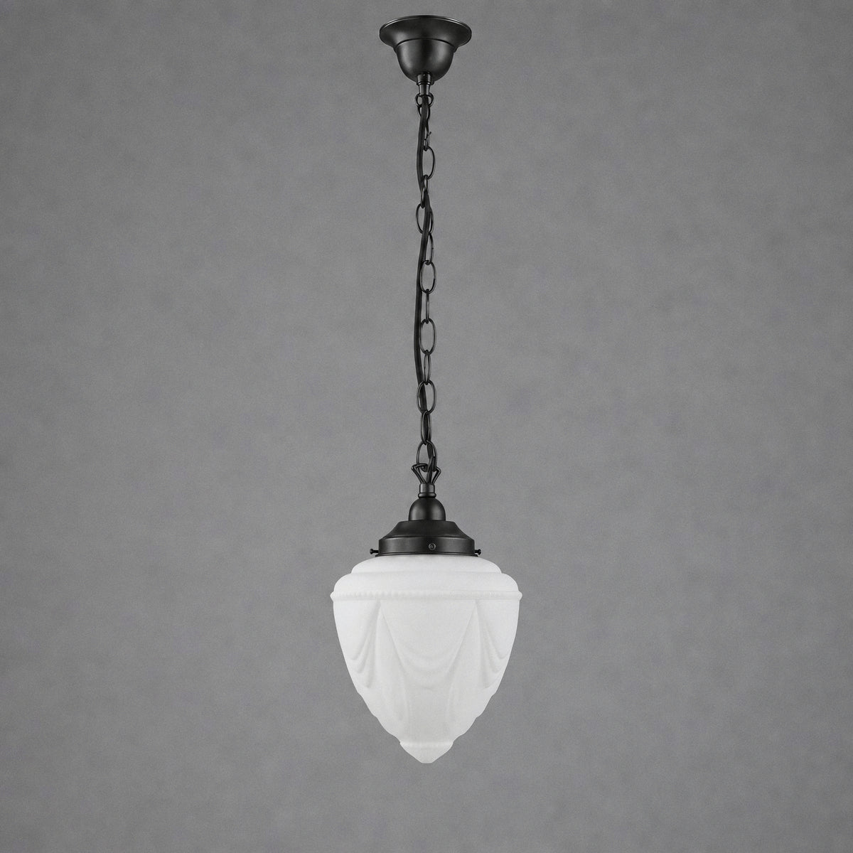 Empire 8'' Opal Matte on Single Chain Black Cloth Suspension, Patina