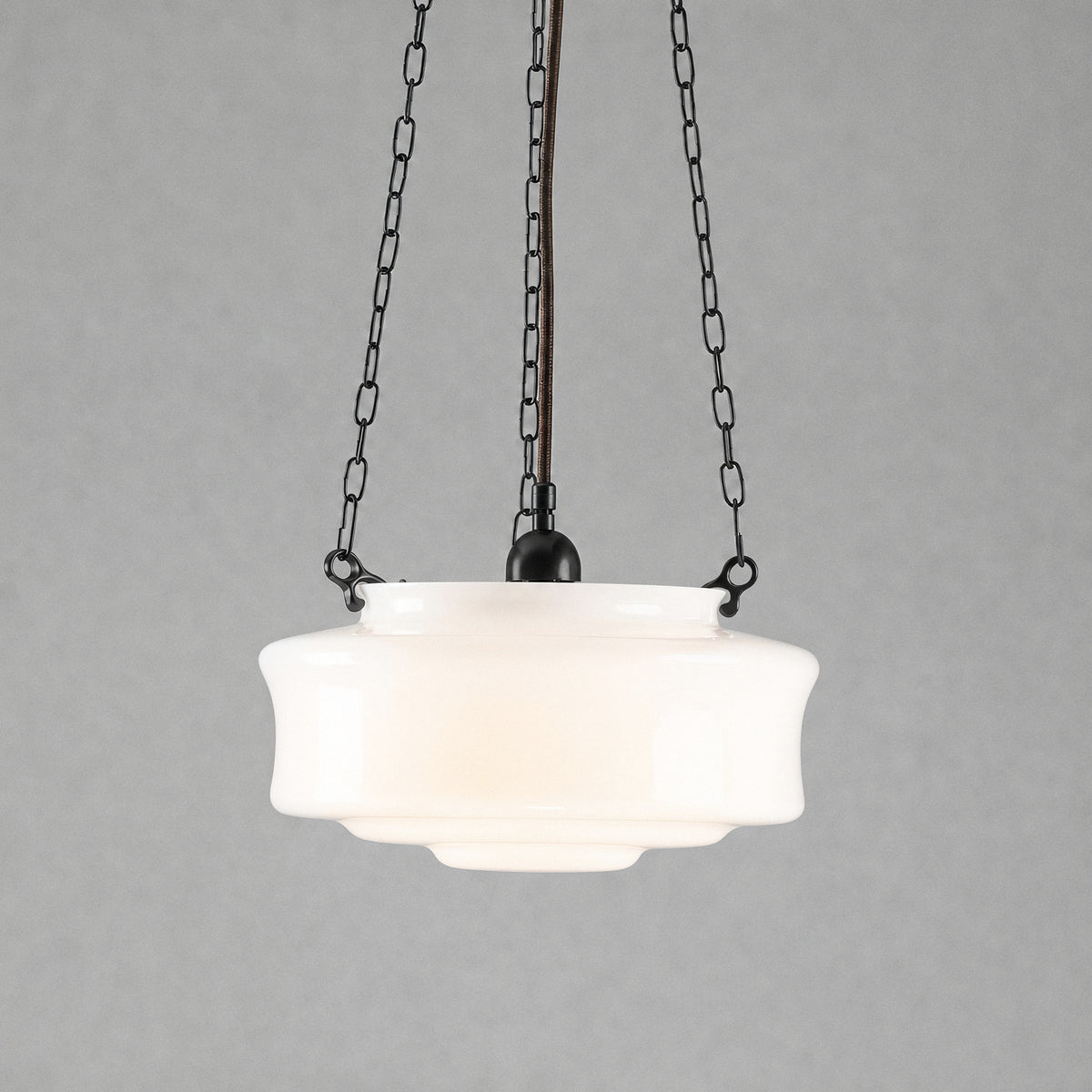 Elwood 12" Opal Gloss Glass on 3 Chain Suspension, Patina
