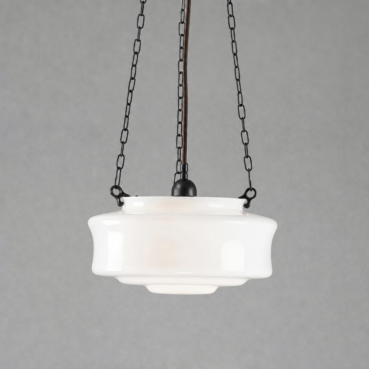 Elwood 12" Opal Gloss Glass on 3 Chain Suspension, Patina