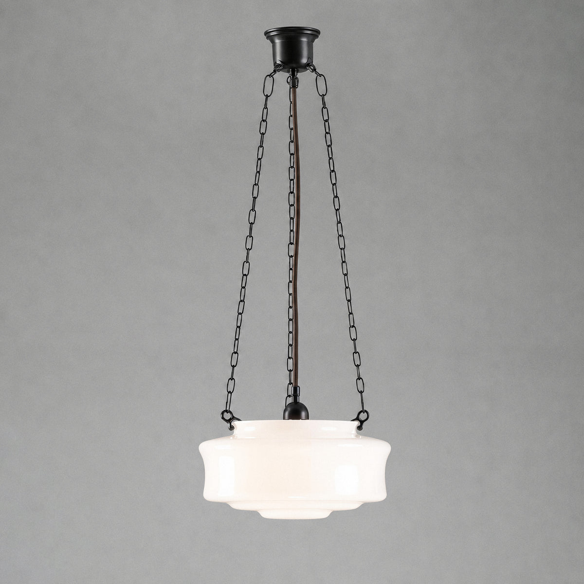 Elwood 12" Opal Gloss Glass on 3 Chain Suspension, Patina