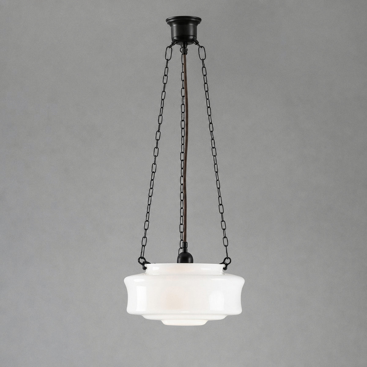 Elwood 12" Opal Gloss Glass on 3 Chain Suspension, Patina
