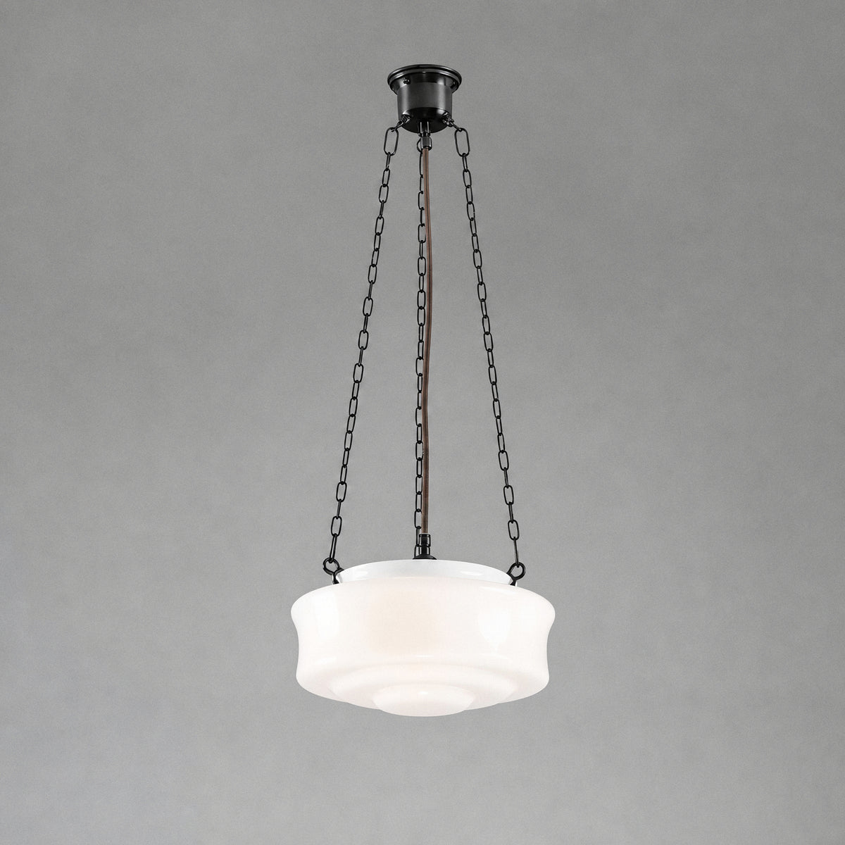 Elwood 12" Opal Gloss Glass on 3 Chain Suspension, Patina