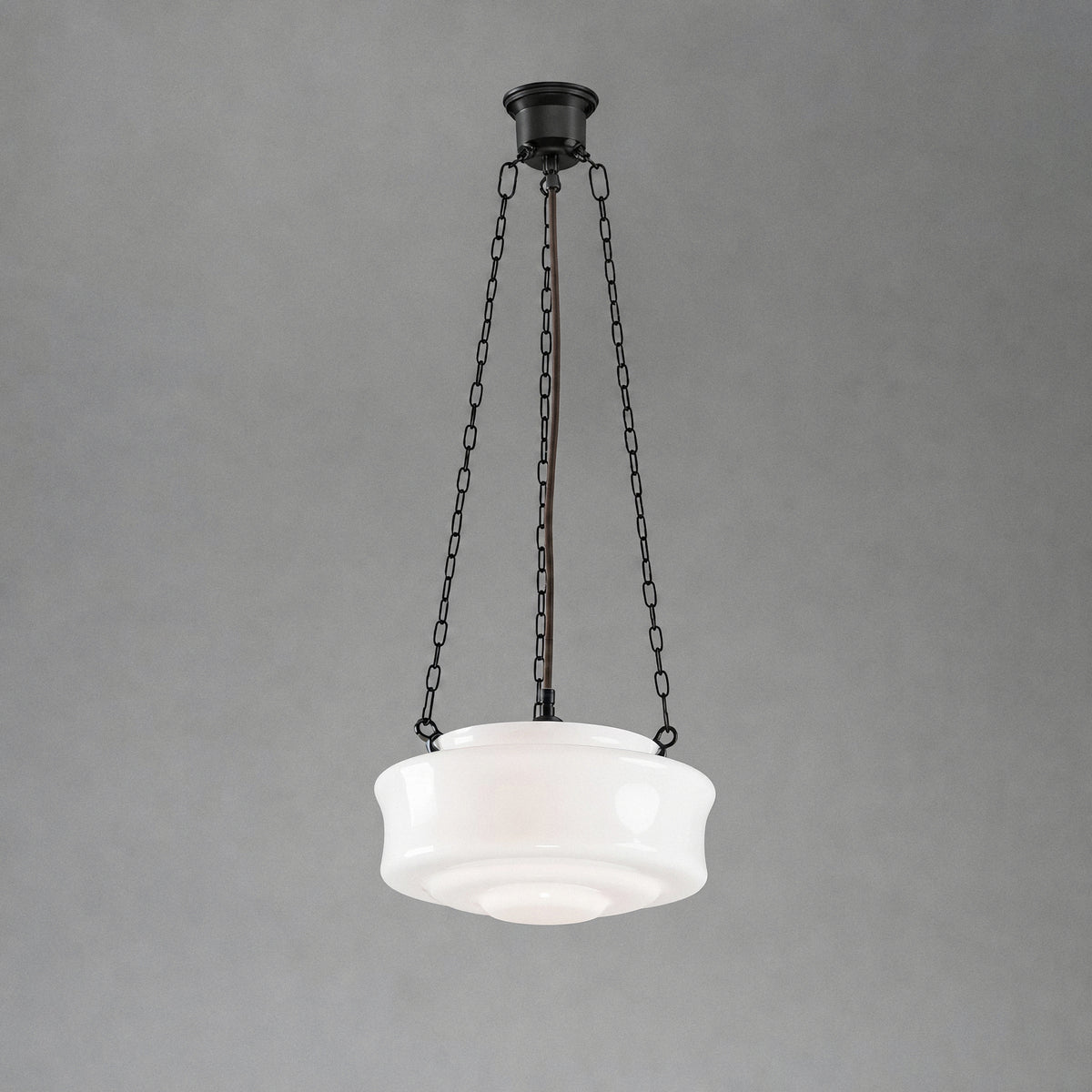 Elwood 12" Opal Gloss Glass on 3 Chain Suspension, Patina
