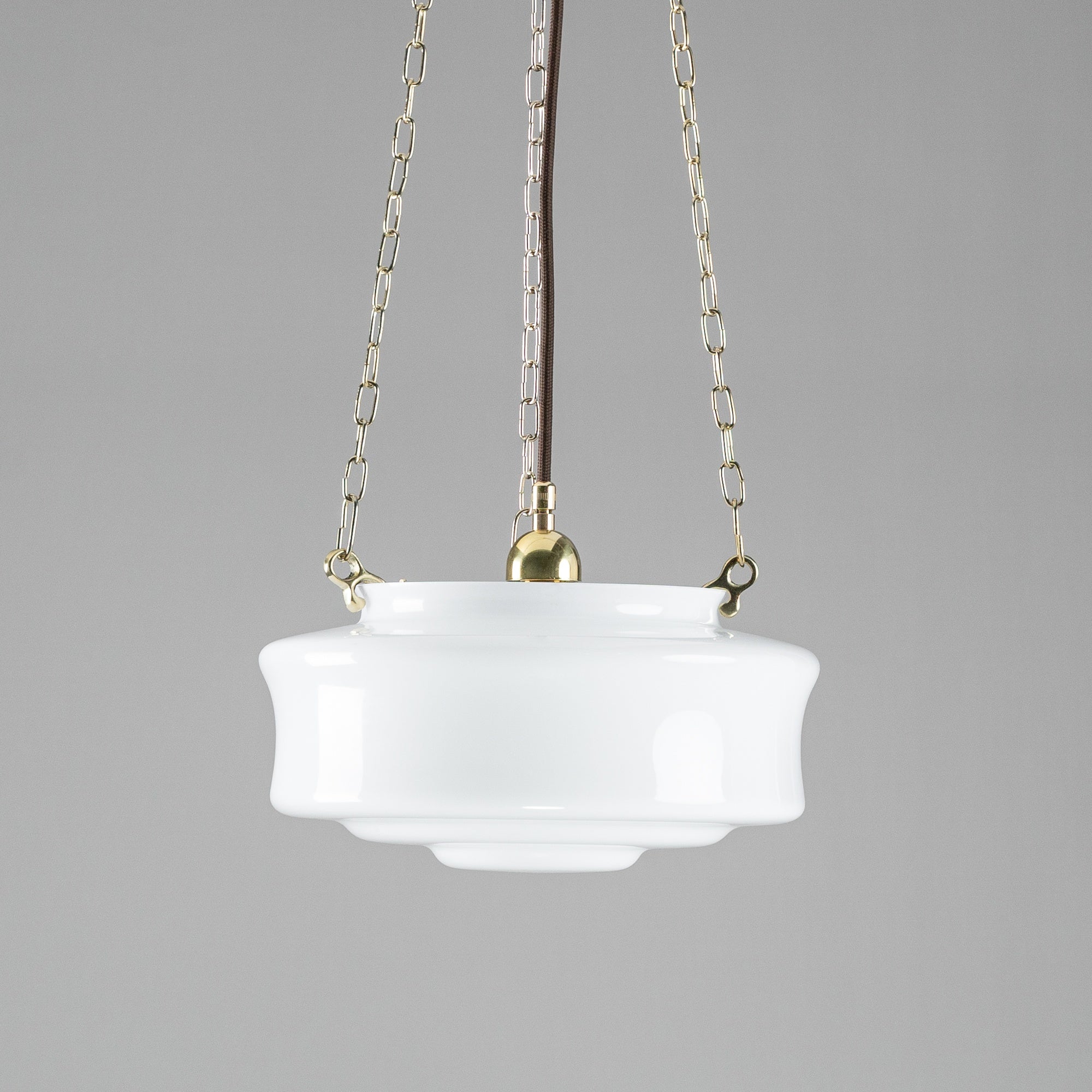Elwood 12" Opal Gloss Glass on 3 Chain Suspension, Polished Brass