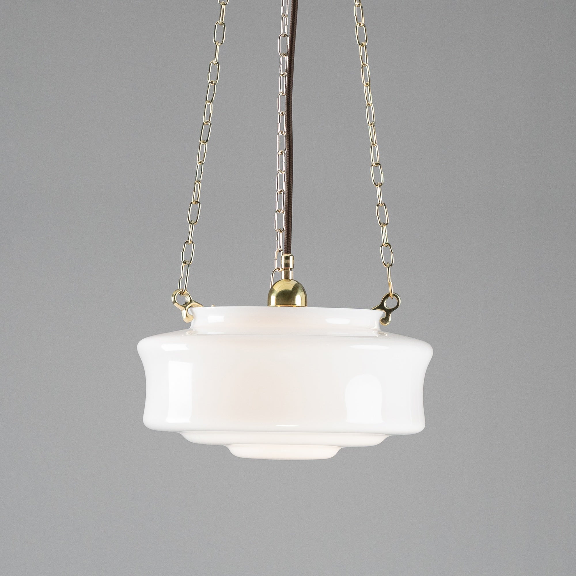 Elwood 12" Opal Gloss Glass on 3 Chain Suspension, Polished Brass