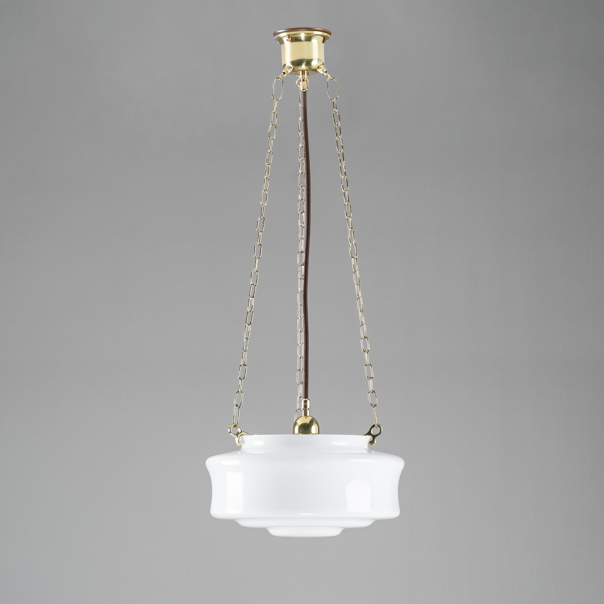 Elwood 12" Opal Gloss Glass on 3 Chain Suspension, Polished Brass