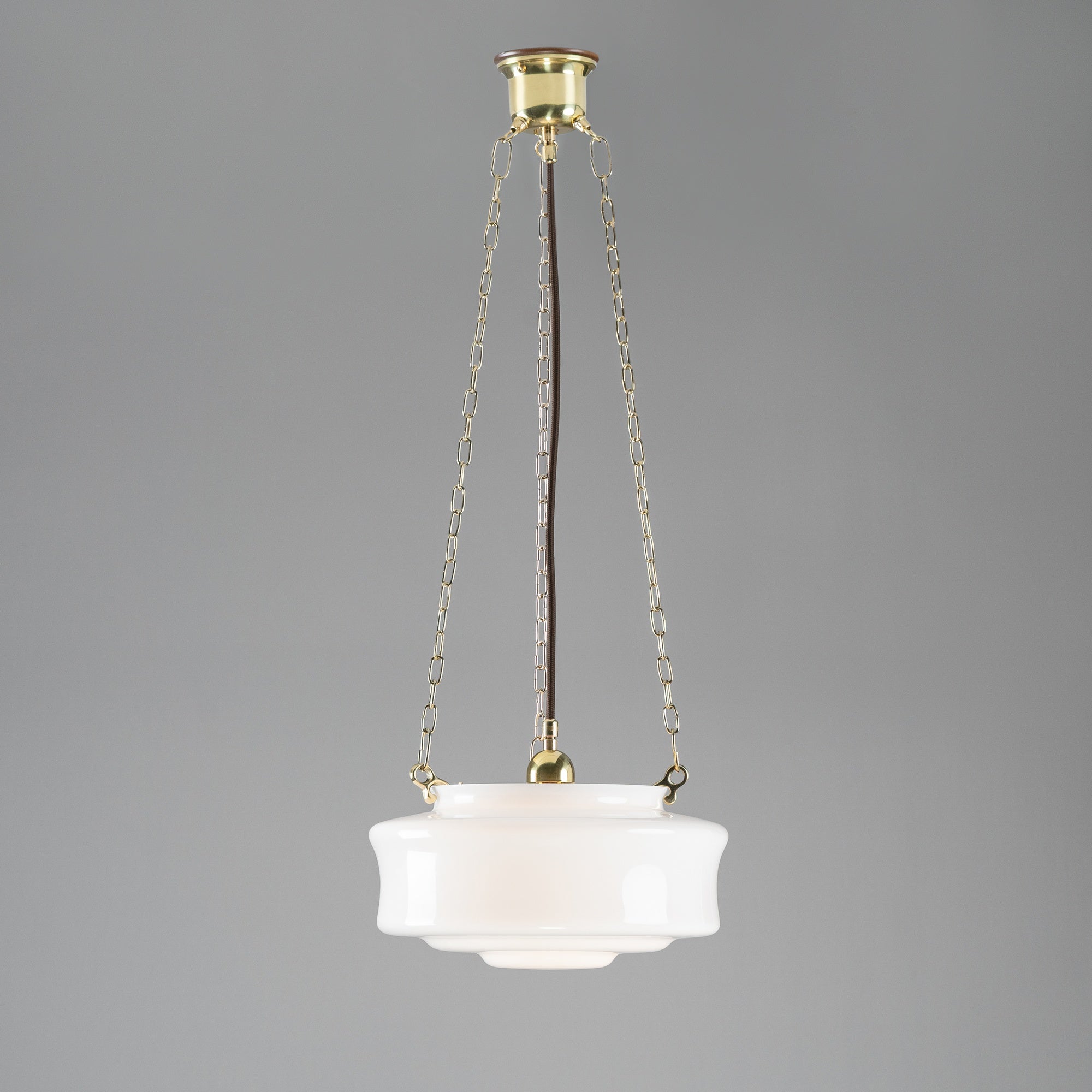 Elwood 12" Opal Gloss Glass on 3 Chain Suspension, Polished Brass
