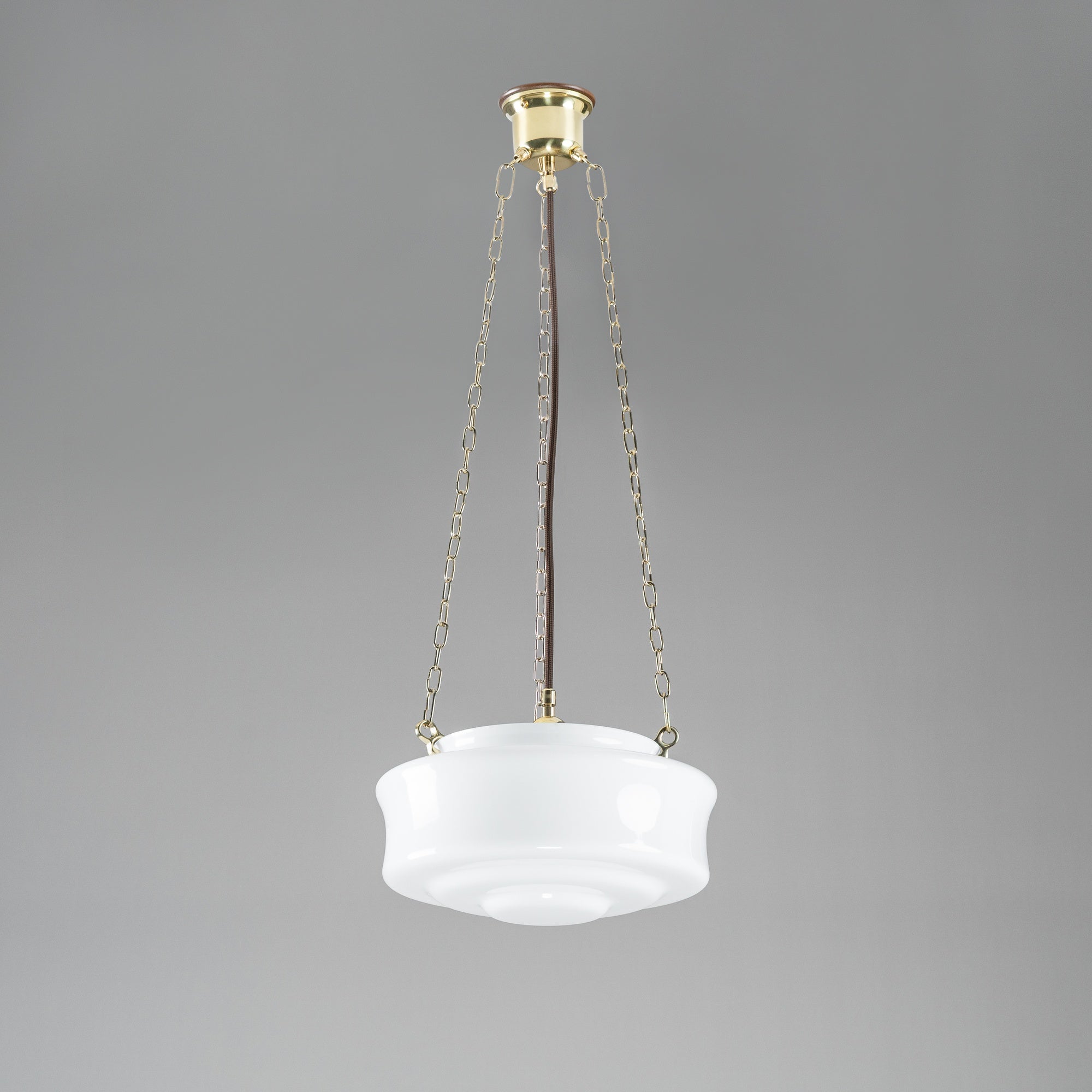 Elwood 12" Opal Gloss Glass on 3 Chain Suspension, Polished Brass