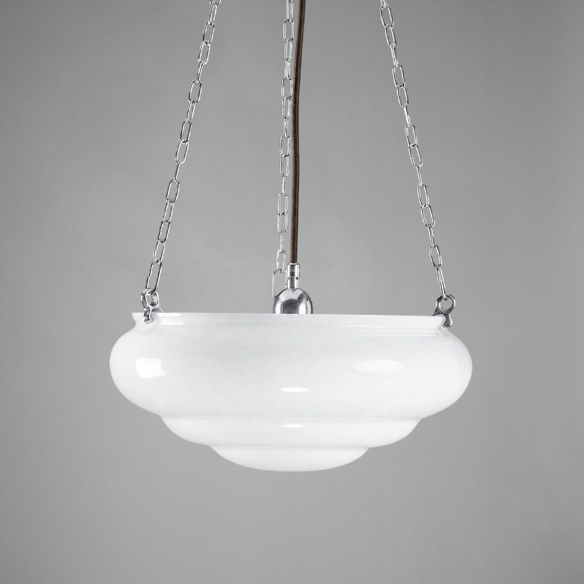 Art Nouveau 14" Opal Gloss Glass on 3 Chain Suspension, Chrome