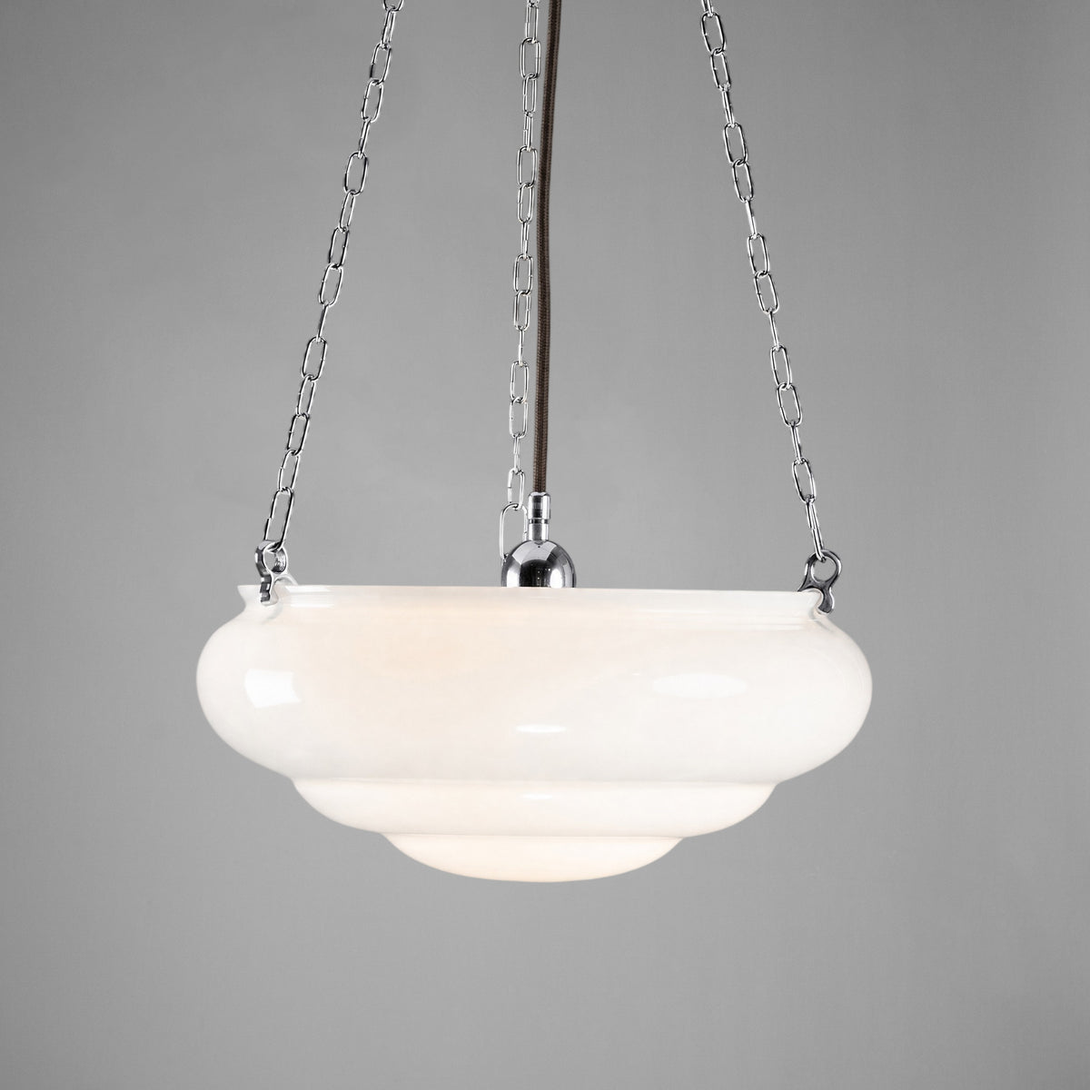 Art Nouveau 14" Opal Gloss Glass on 3 Chain Suspension, Chrome