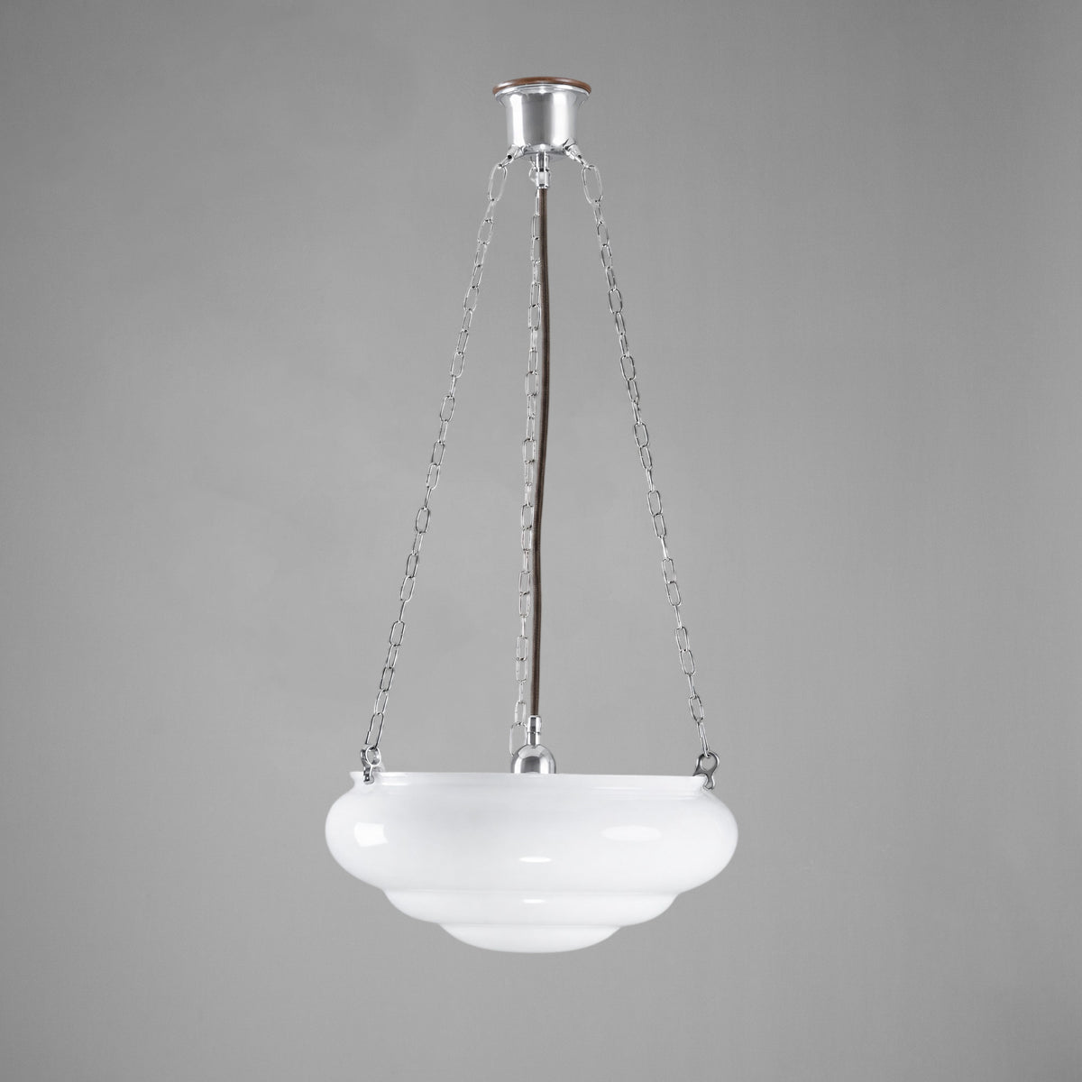 Art Nouveau 14" Opal Gloss Glass on 3 Chain Suspension, Chrome