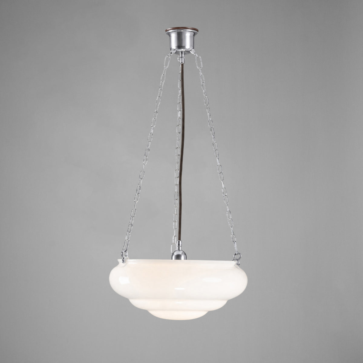 Art Nouveau 14" Opal Gloss Glass on 3 Chain Suspension, Chrome