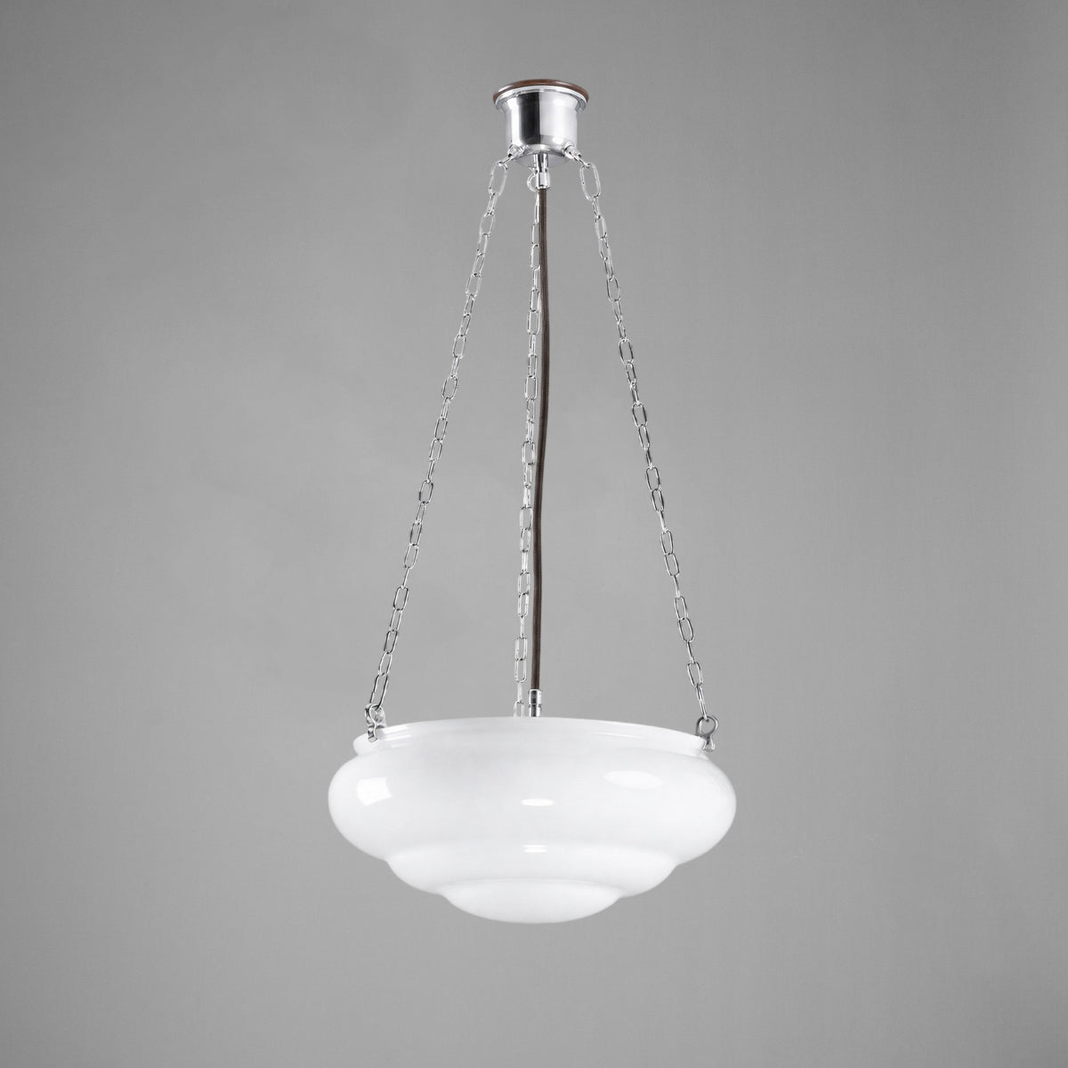 Art Nouveau 14" Opal Gloss Glass on 3 Chain Suspension, Chrome