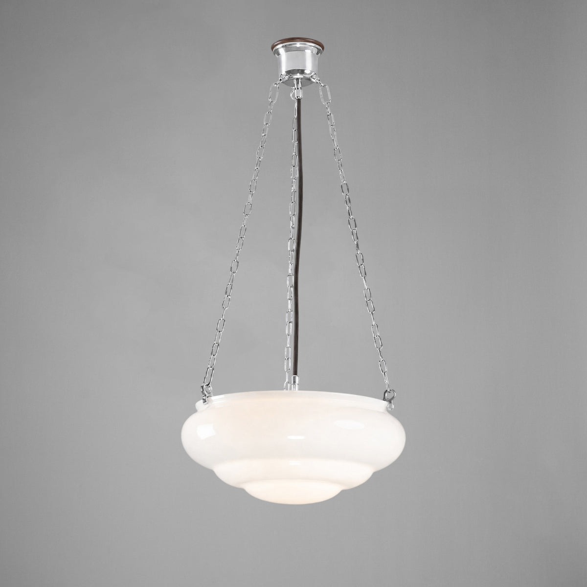 Art Nouveau 14" Opal Gloss Glass on 3 Chain Suspension, Chrome