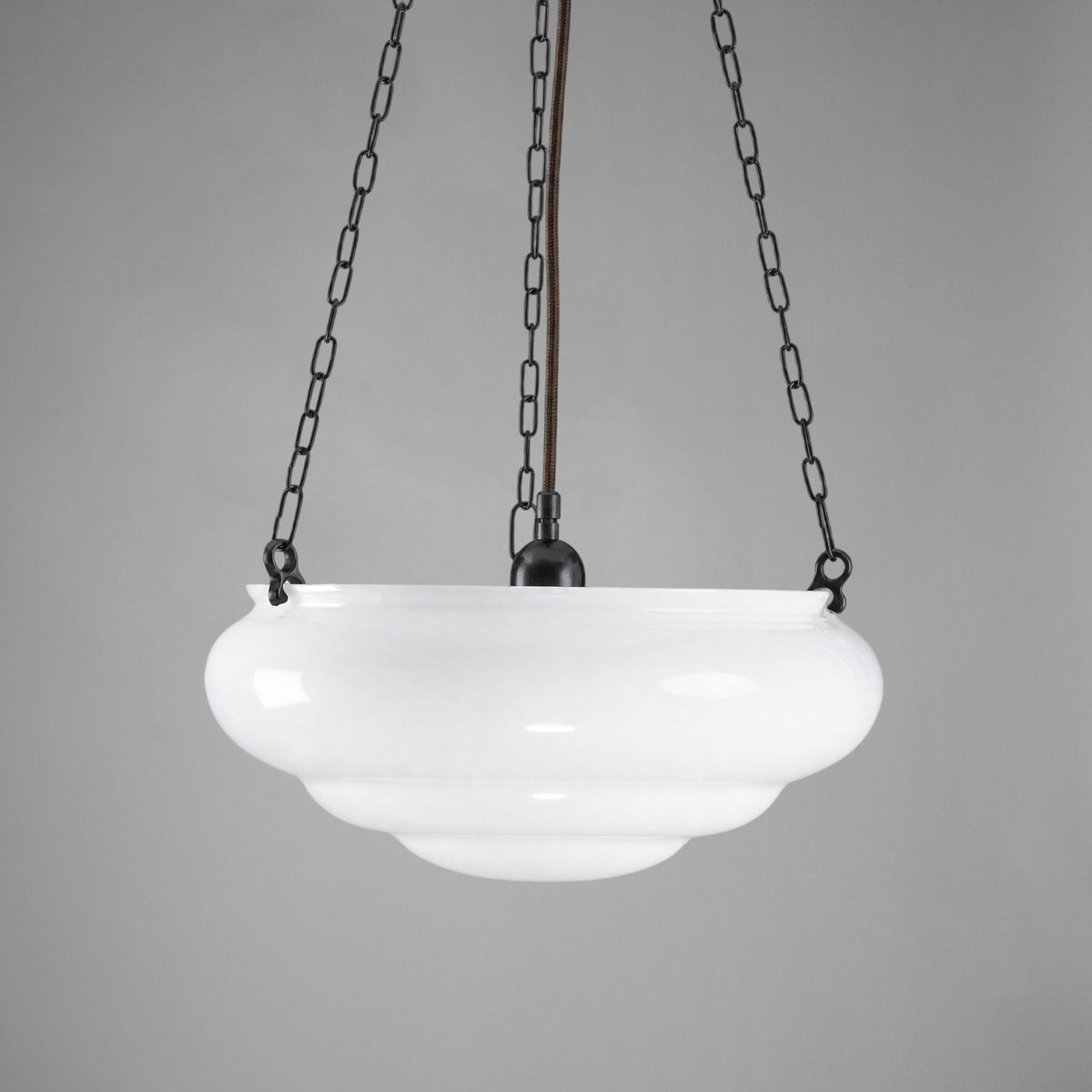Art Nouveau 14" Opal Gloss Glass on 3 Chain Suspension, Patina