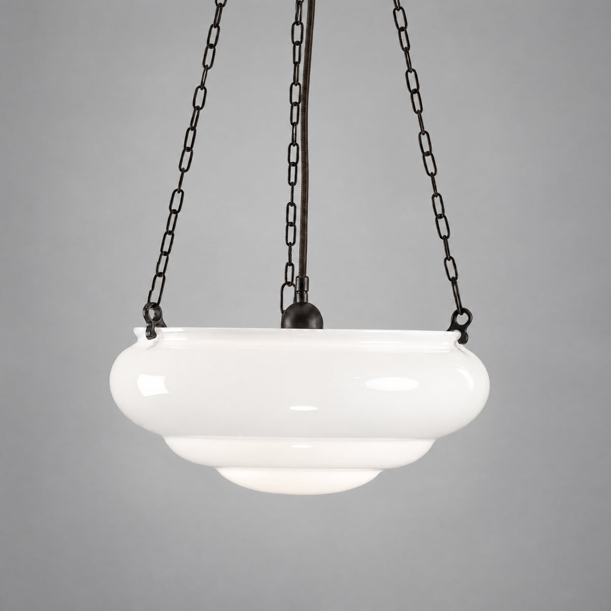 Art Nouveau 14" Opal Gloss Glass on 3 Chain Suspension, Patina