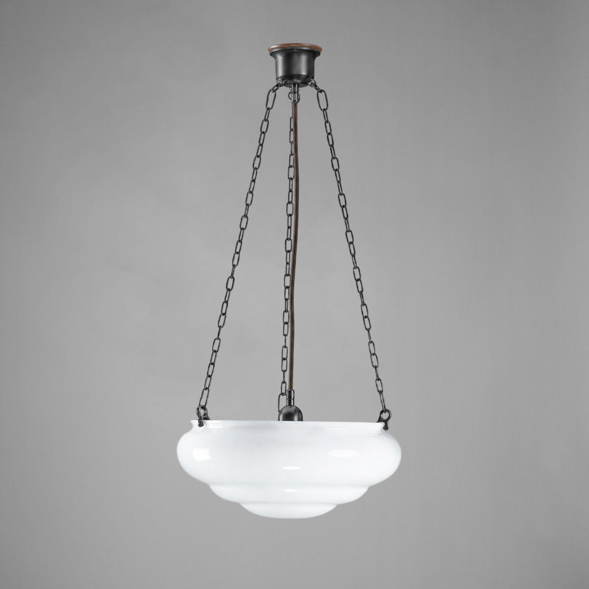 Art Nouveau 14" Opal Gloss Glass on 3 Chain Suspension, Patina
