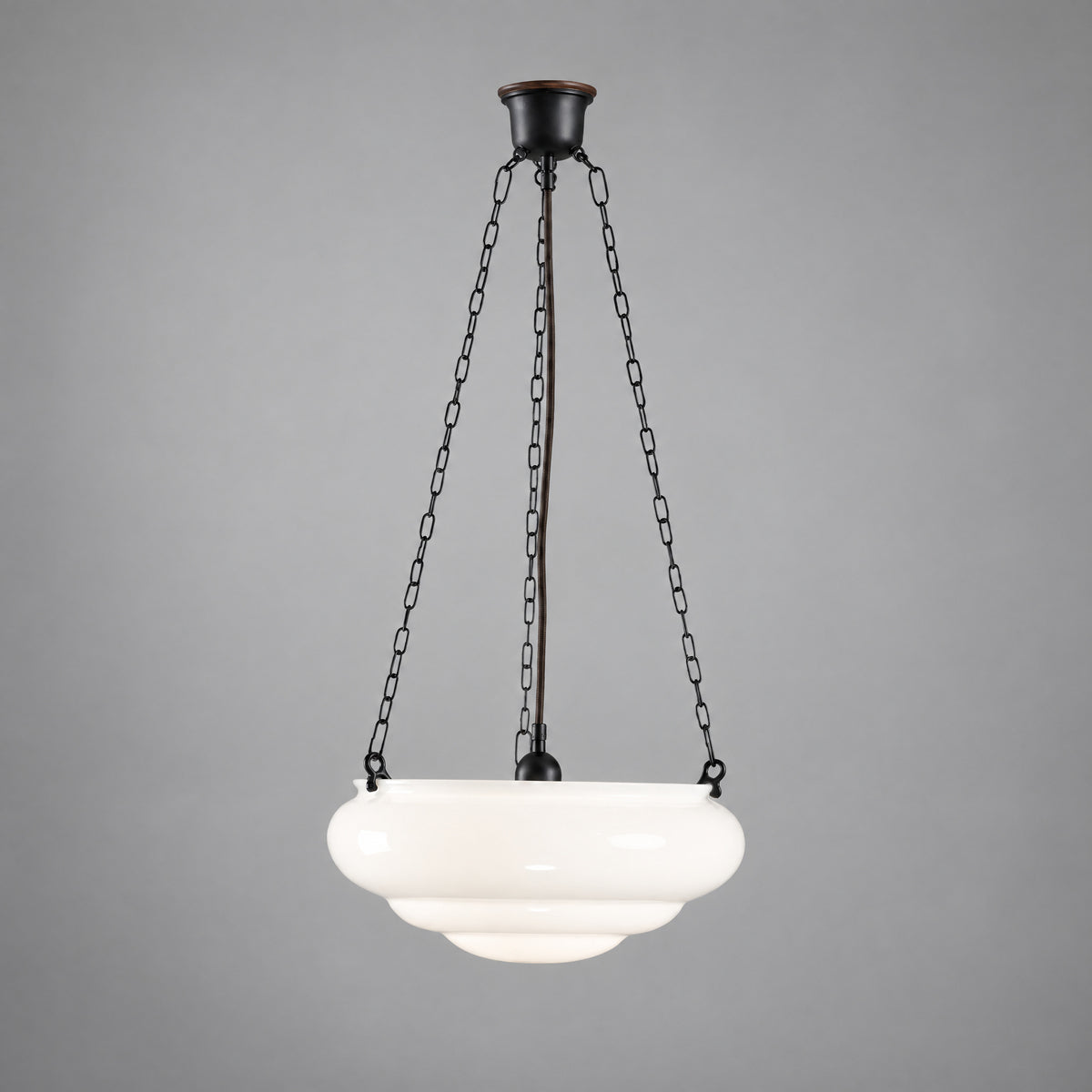 Art Nouveau 14" Opal Gloss Glass on 3 Chain Suspension, Patina