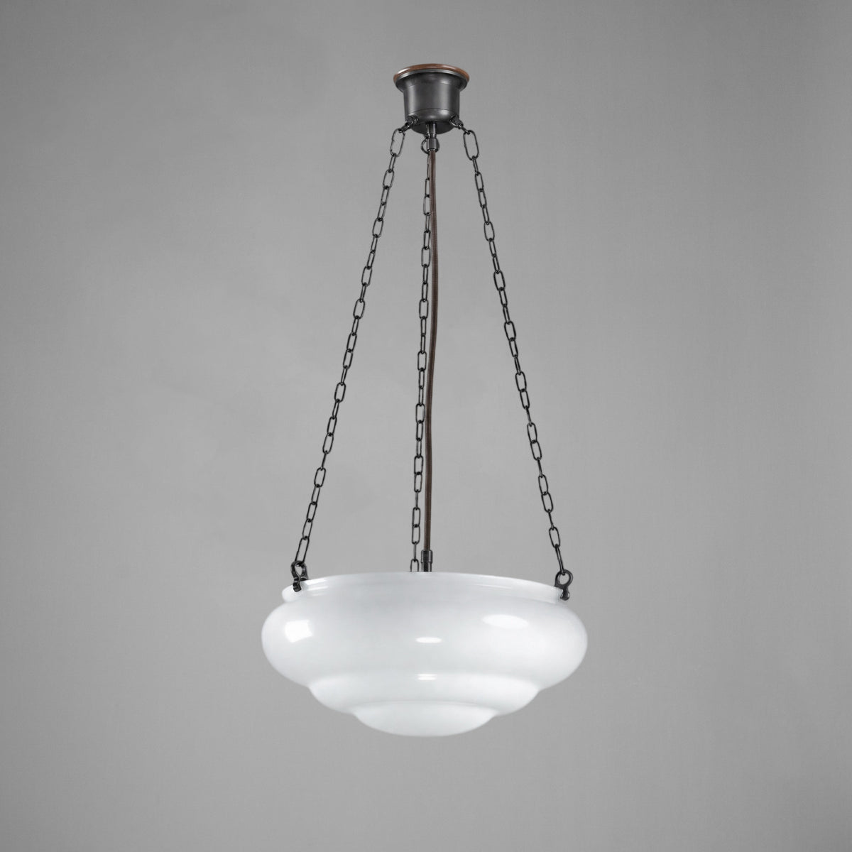 Art Nouveau 14" Opal Gloss Glass on 3 Chain Suspension, Patina