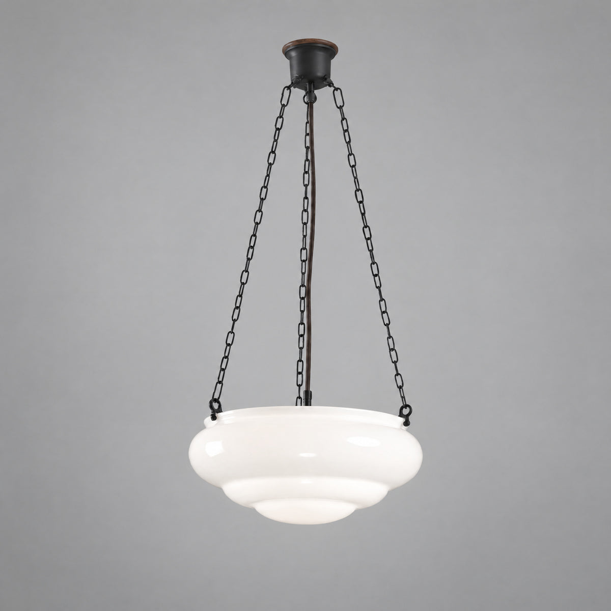 Art Nouveau 14" Opal Gloss Glass on 3 Chain Suspension, Patina