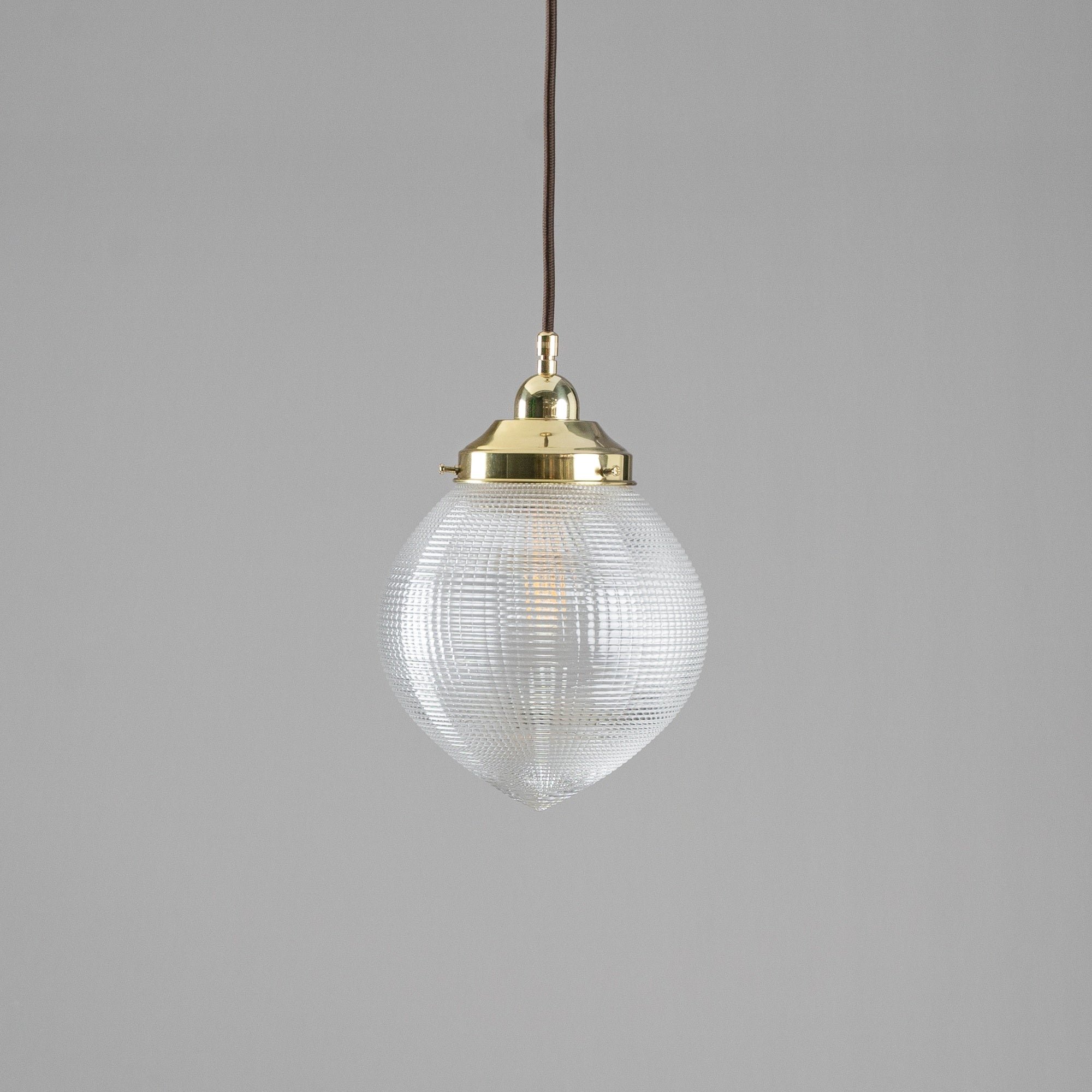 Teardrop Hallophane 8" w Cloth Cord Suspension, Polished Brass