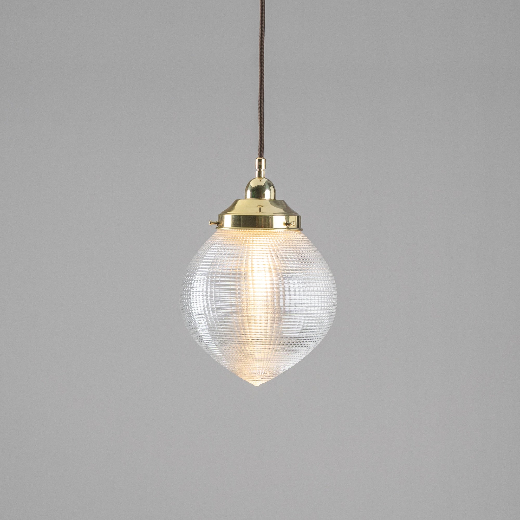 Teardrop Hallophane 8" w Cloth Cord Suspension, Polished Brass