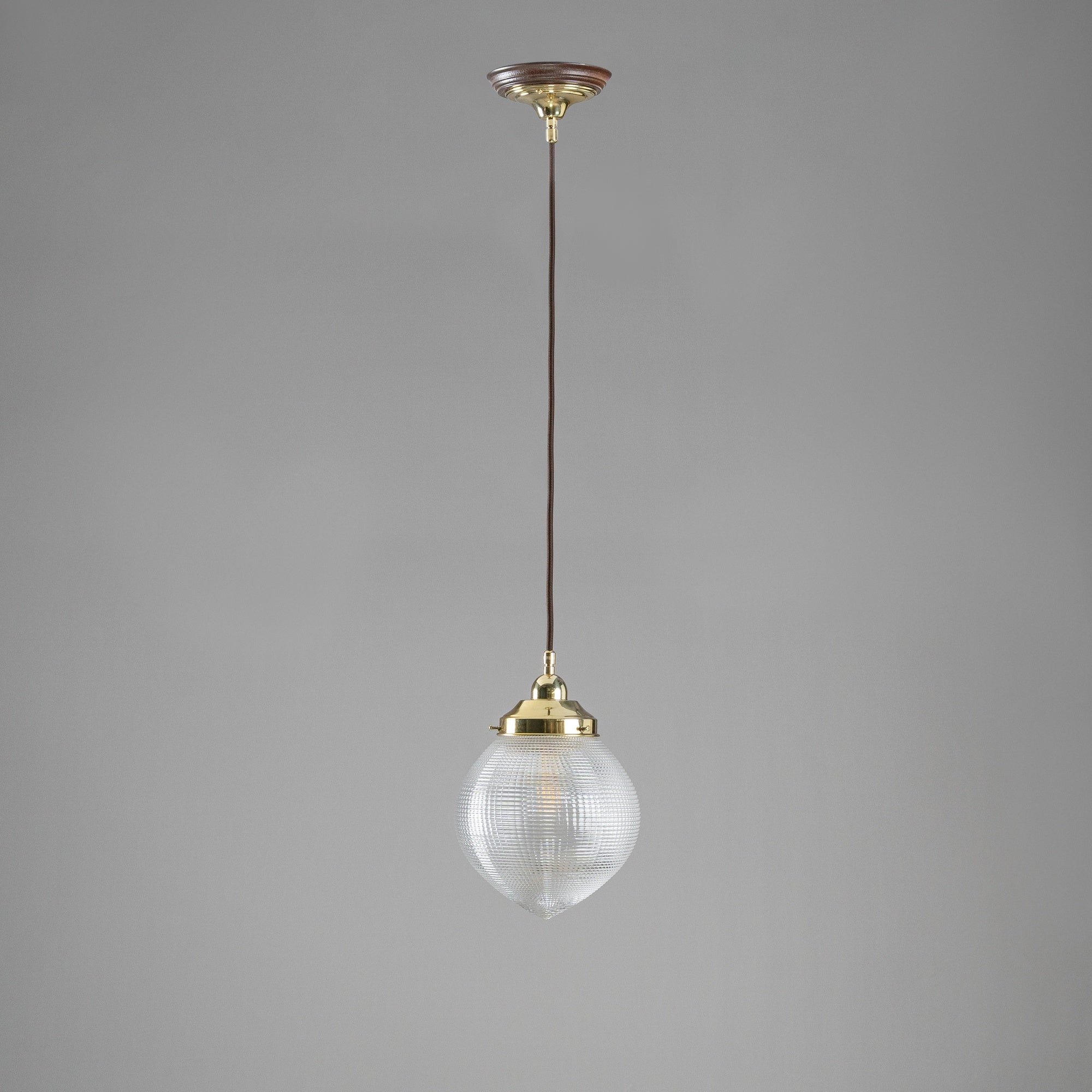 Teardrop Hallophane 8" w Cloth Cord Suspension, Polished Brass