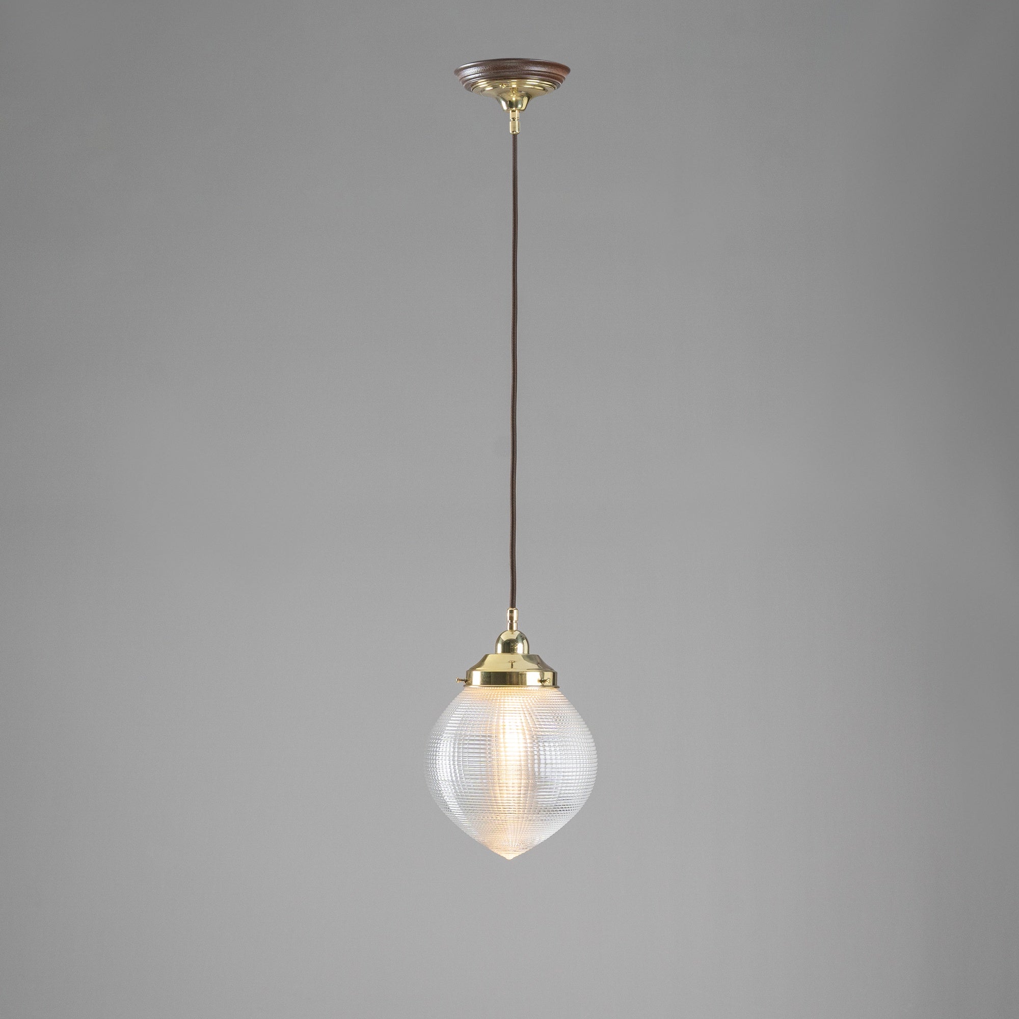 Teardrop Hallophane 8" w Cloth Cord Suspension, Polished Brass