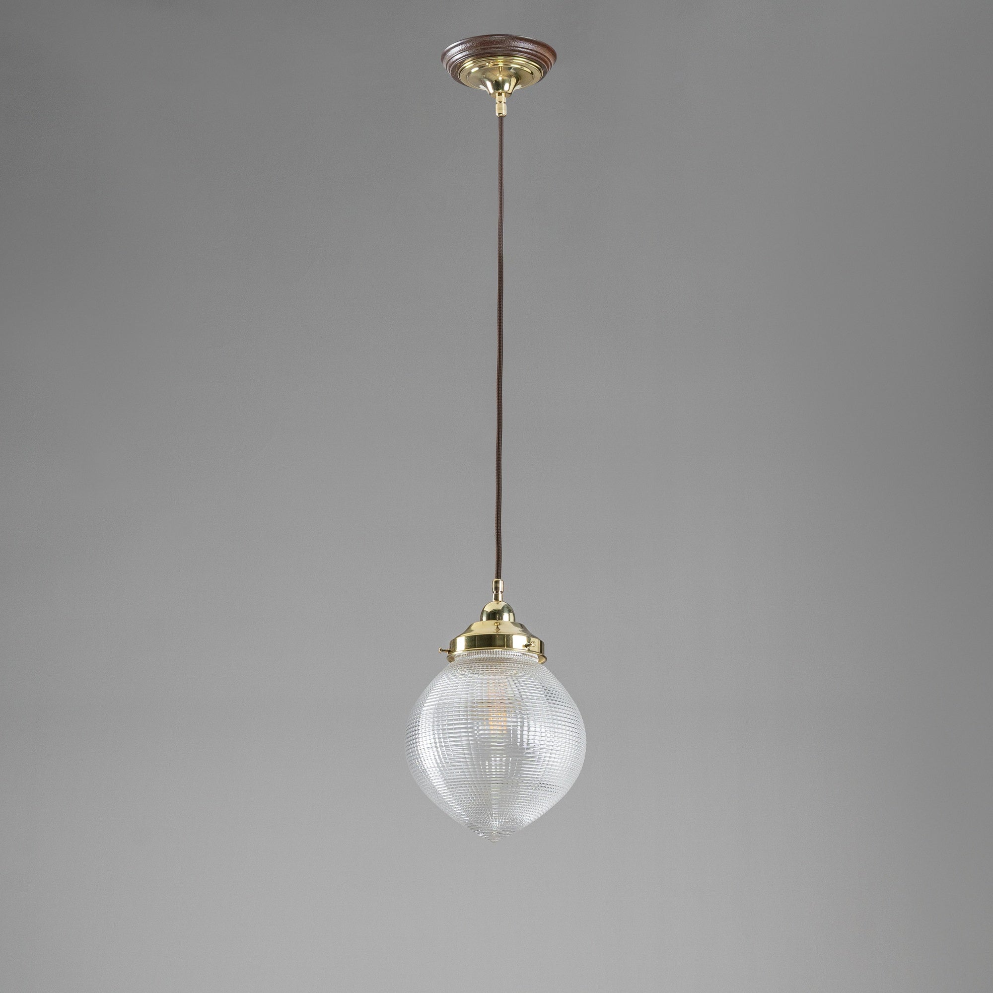 Teardrop Hallophane 8" w Cloth Cord Suspension, Polished Brass