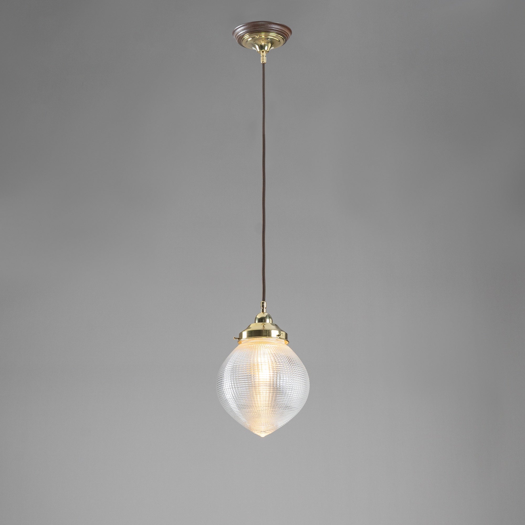Teardrop Hallophane 8" w Cloth Cord Suspension, Polished Brass