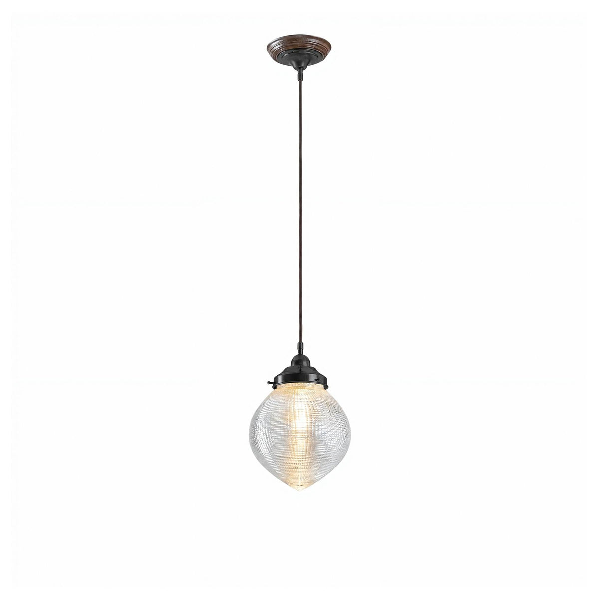 Teardrop Hallophane 8" w Cloth Cord Suspension, Patina
