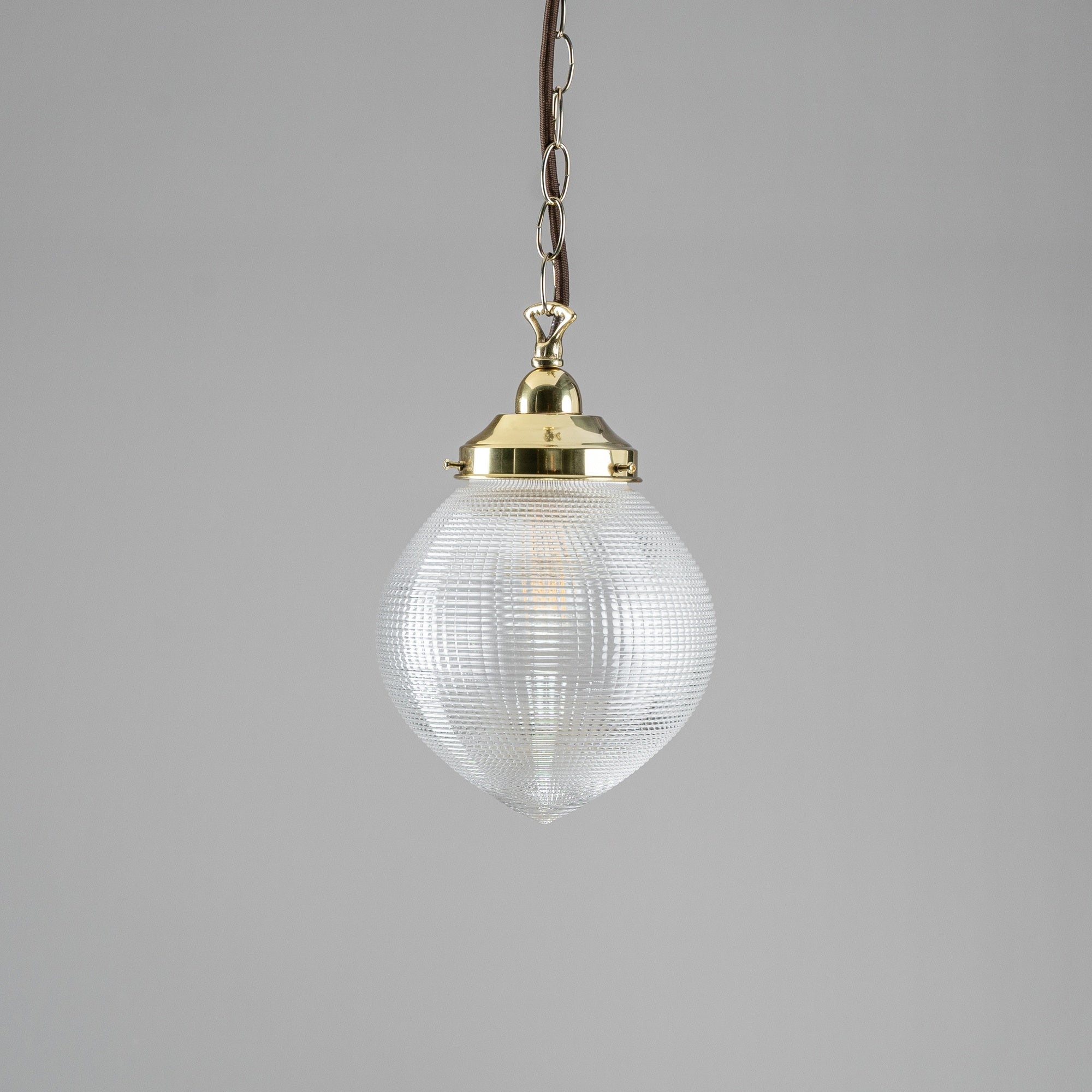 Teardrop Hallophane 8" w Chain Suspension, Polished Brass