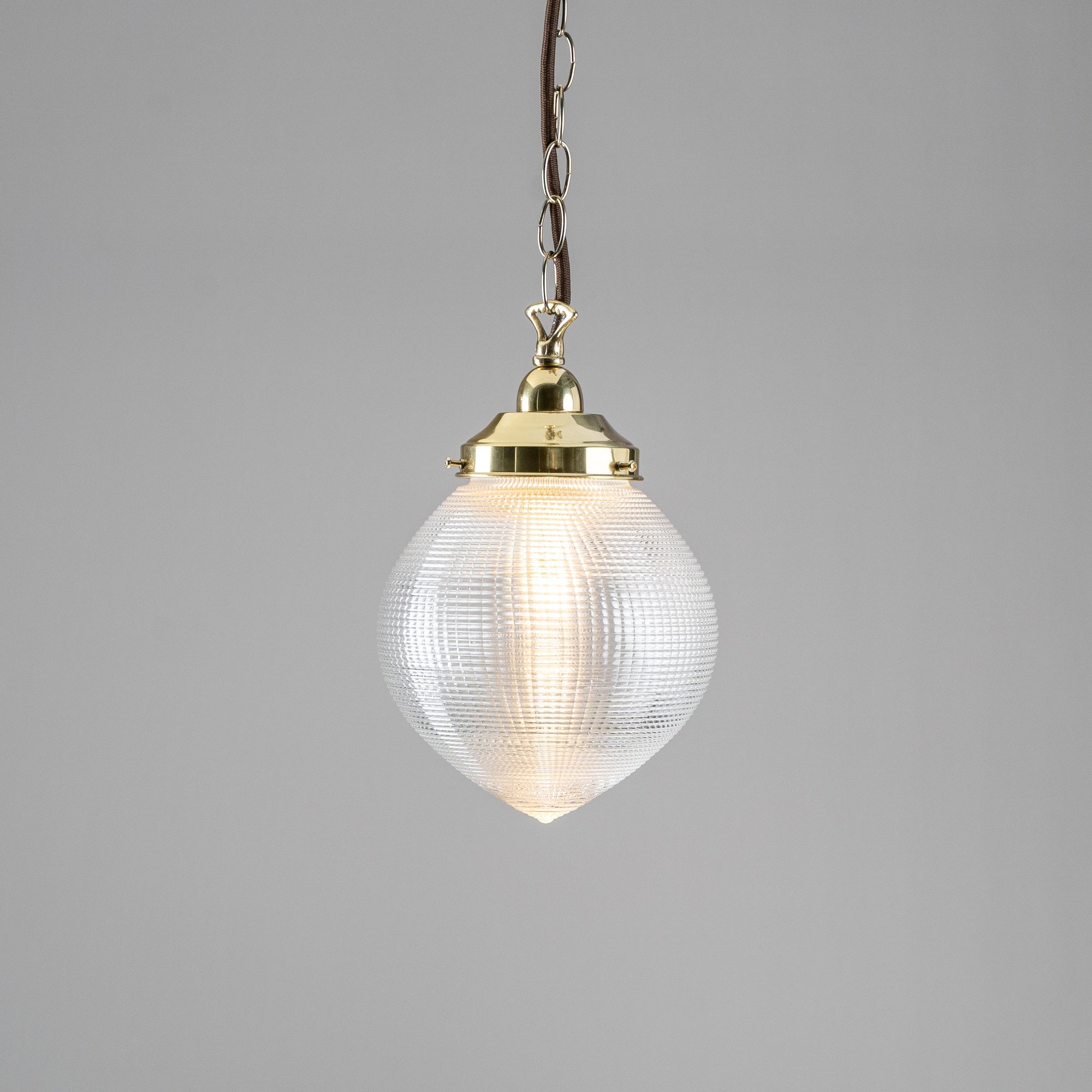 Teardrop Hallophane 8" w Chain Suspension, Polished Brass