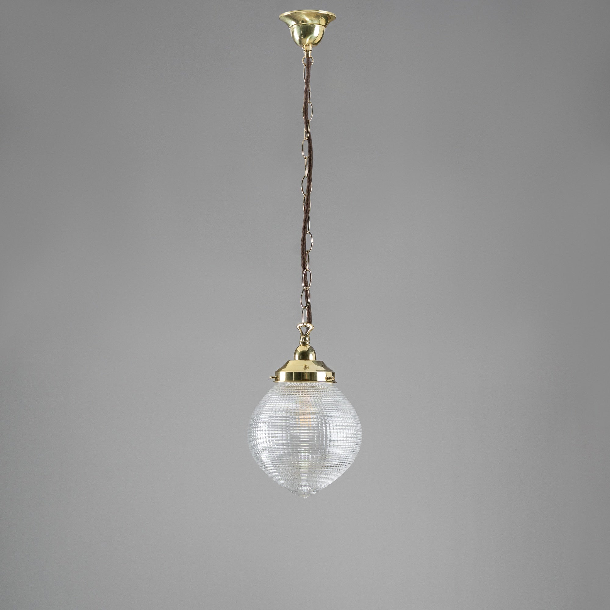 Teardrop Hallophane 8" w Chain Suspension, Polished Brass