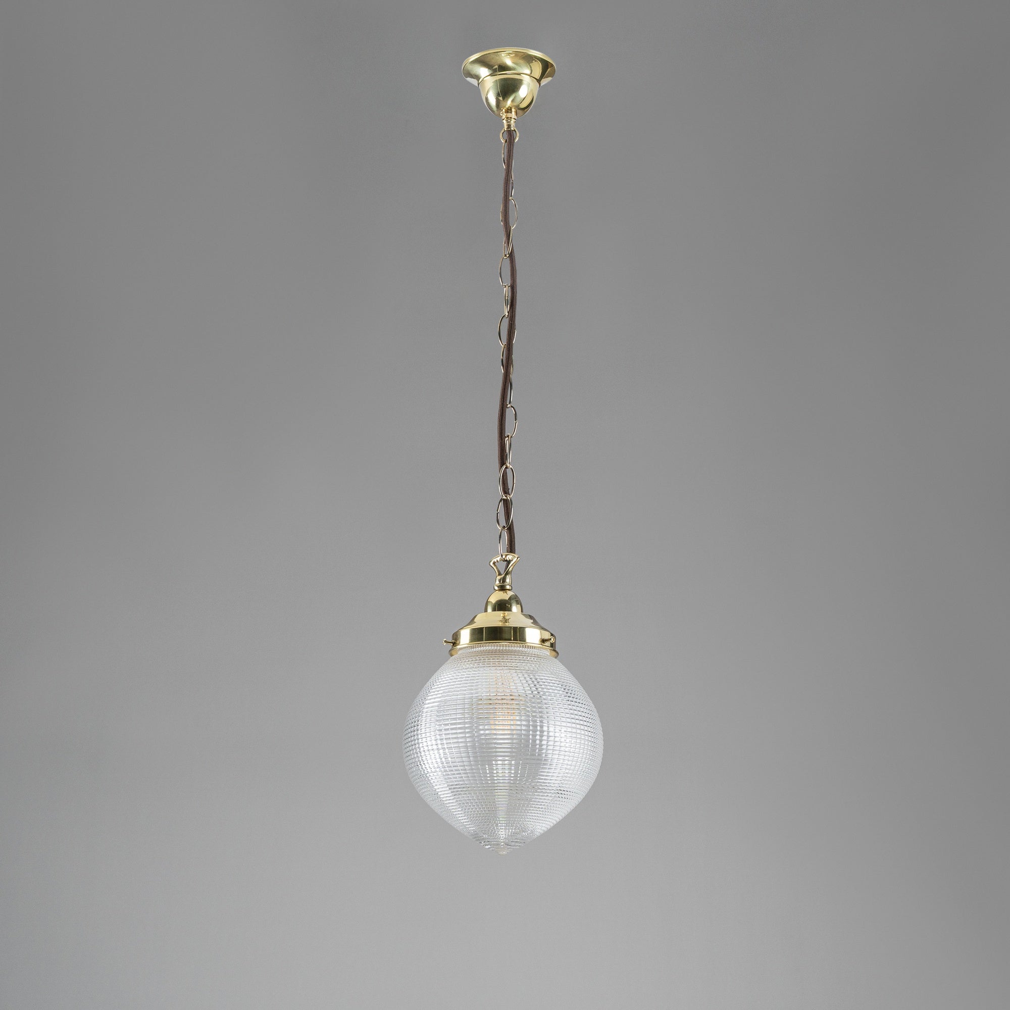 Teardrop Hallophane 8" w Chain Suspension, Polished Brass