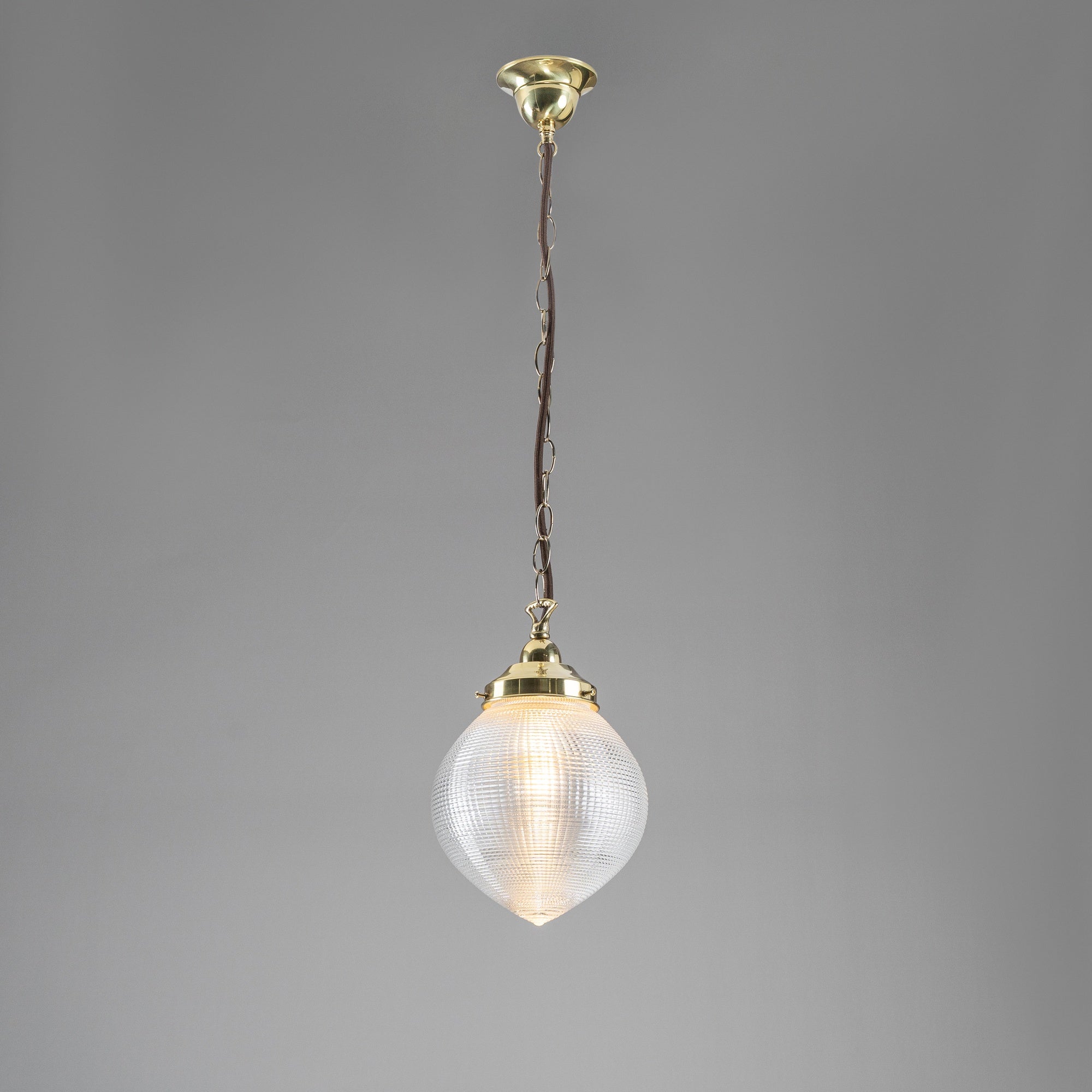 Teardrop Hallophane 8" w Chain Suspension, Polished Brass