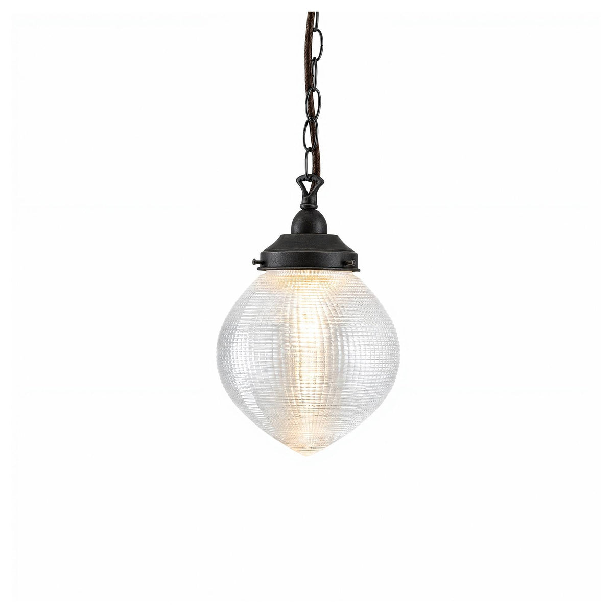 Teardrop Hallophane 8" w Chain Suspension, Patina