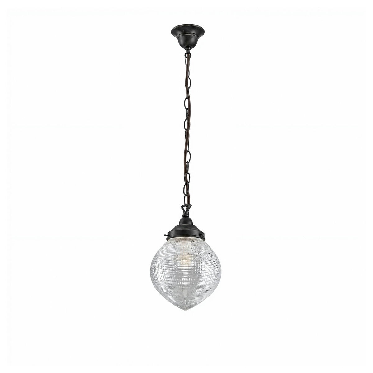 Teardrop Hallophane 8" w Chain Suspension, Patina