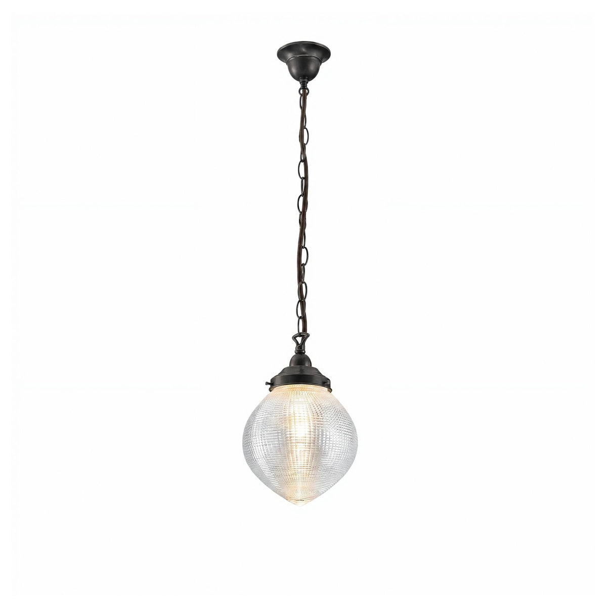 Teardrop Hallophane 8" w Chain Suspension, Patina